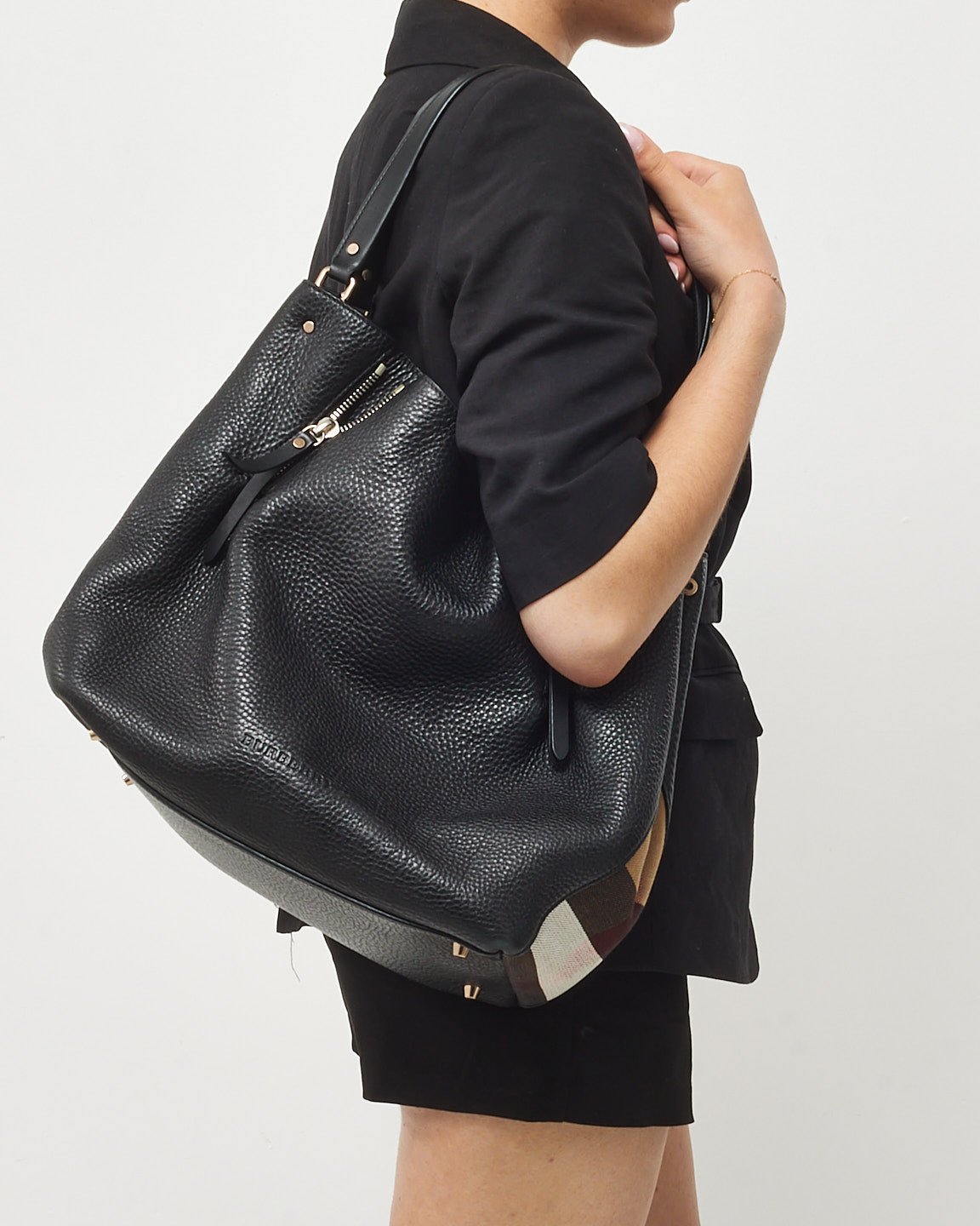 Burberry Black Leather Beige Mega Check Maidstone Shoulder Bag