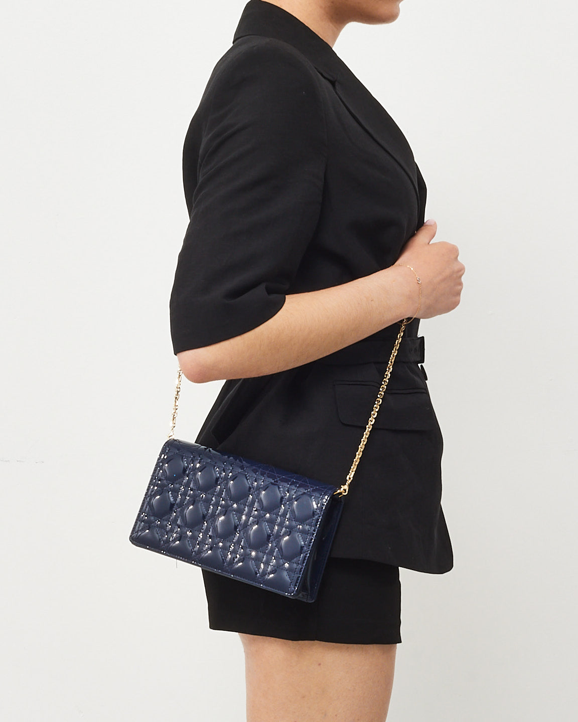 Dior Navy Blue Patent Calfskin Cannage Lady Dior Pouch WOC Crossbody GHW