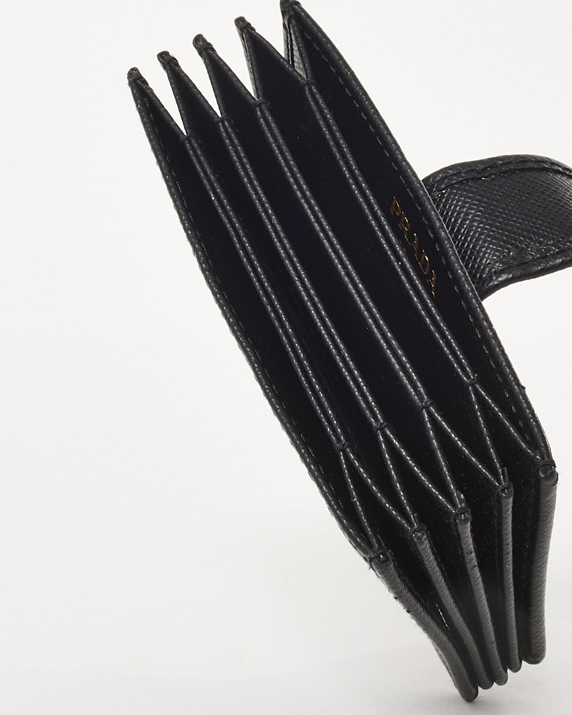 Prada Balck Saffiano Leather Logo Gusseted Card Holder