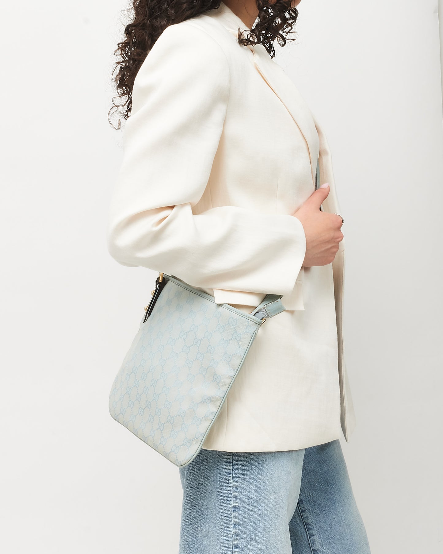Sac Gucci Bandoulière Plat Monogramme GG en Toile Bleu Clair