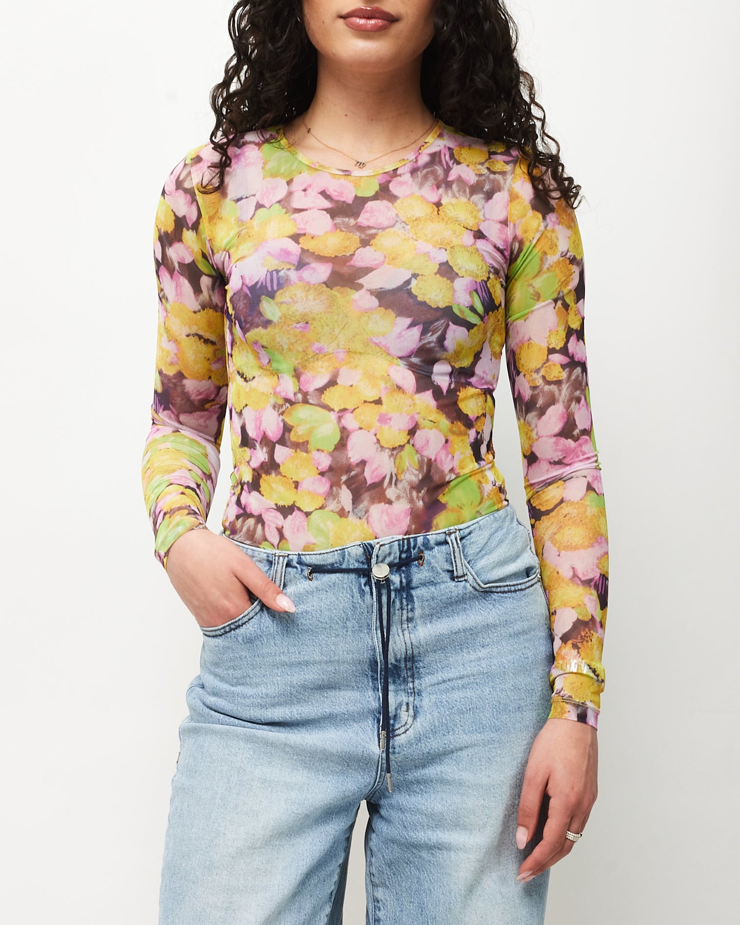 Dries Van Noten Yellow Floral Heste Print Mesh Top - XS