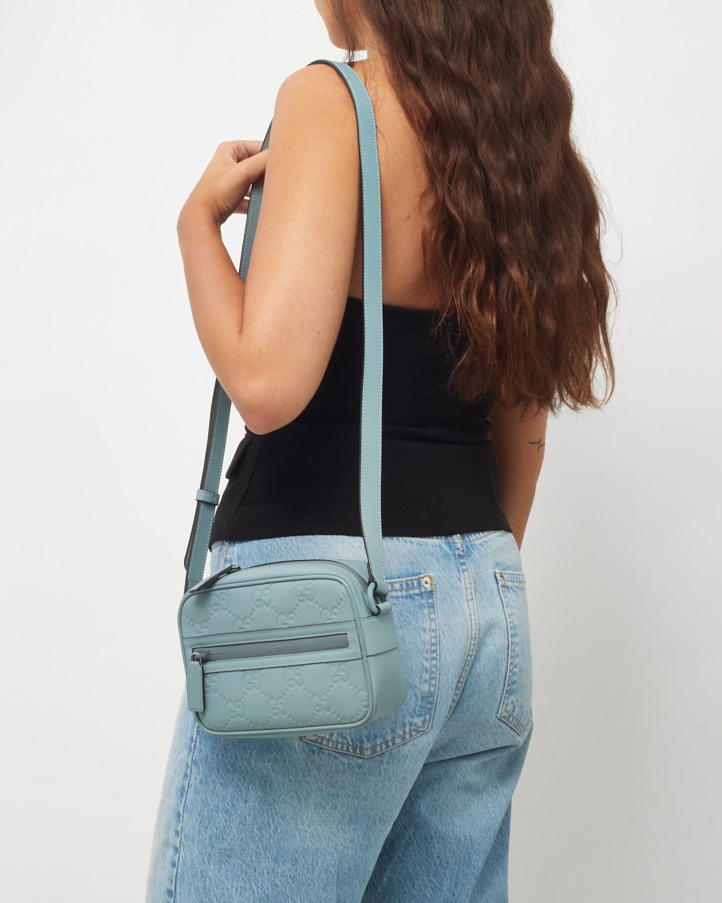 Gucci Light Blue Rubber Effect Calfskin GG Mini Crossbody Bag