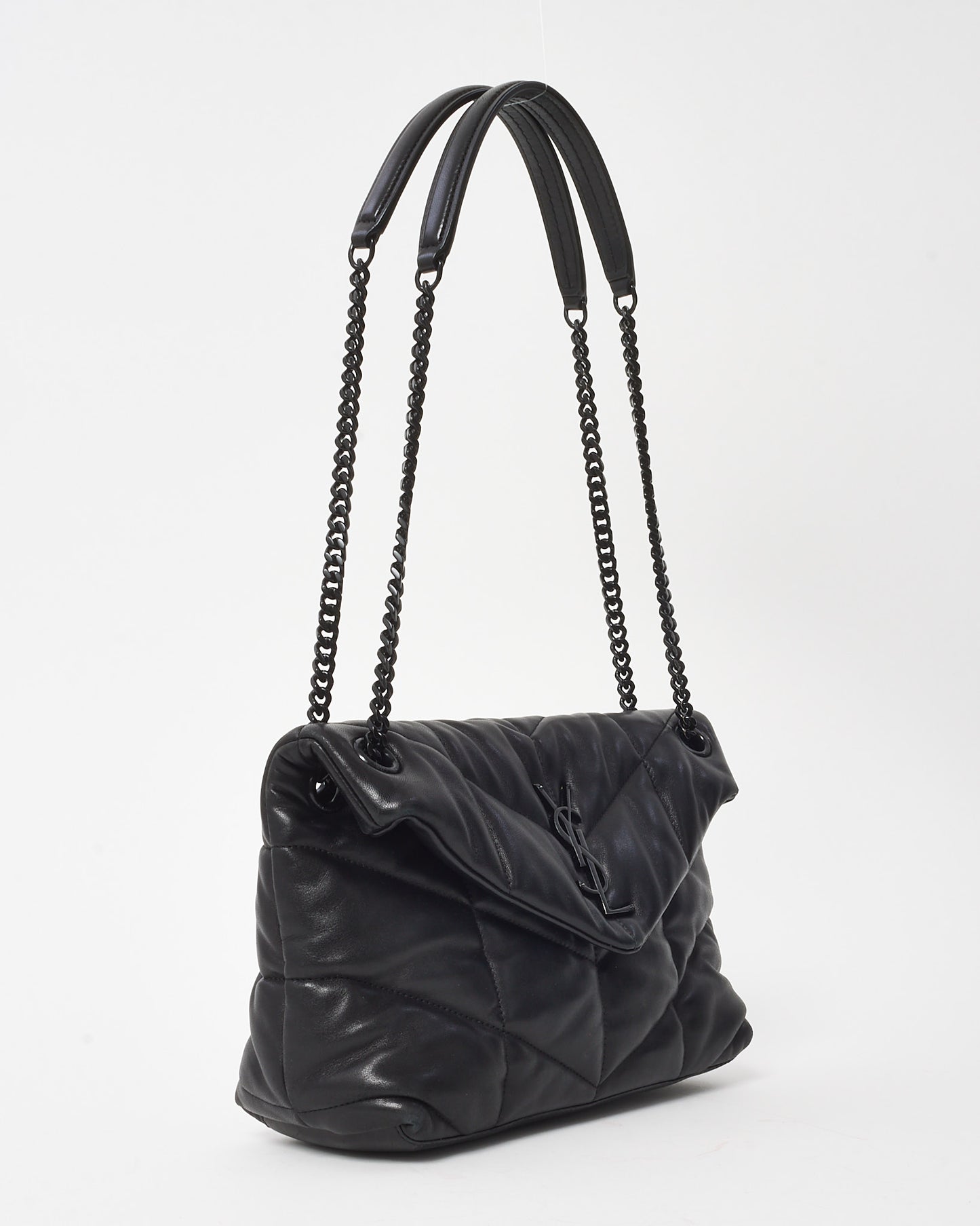 Saint Laurent Black Quilted Leather YSL Monogram Monochrome Small Loulou Puffer Bag BHW