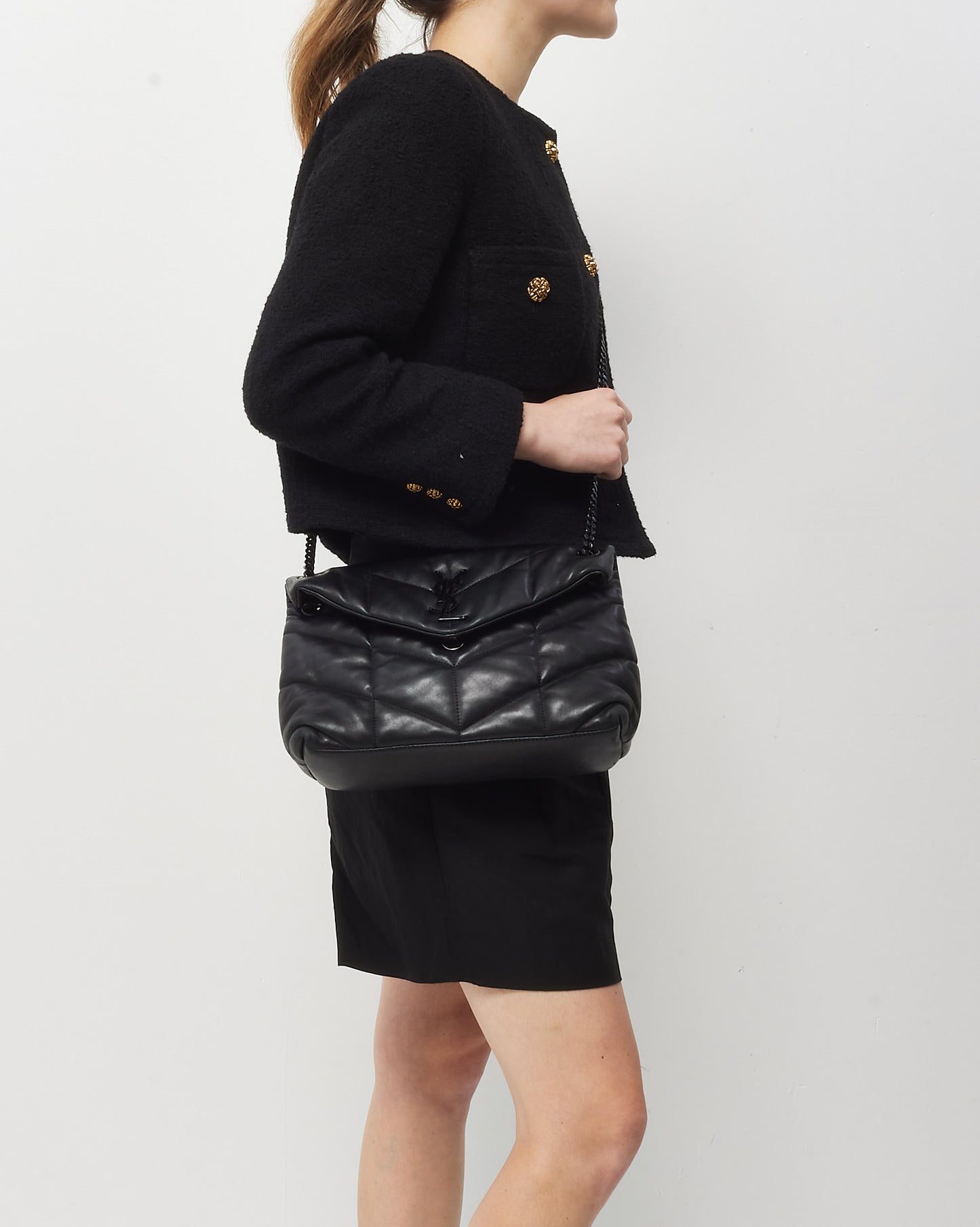 Saint Laurent Black Quilted Leather YSL Monogram Monochrome Small Loulou Puffer Bag BHW