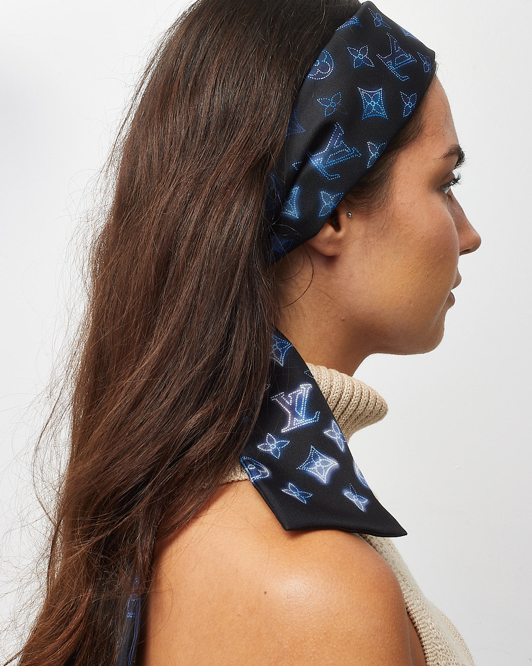 Louis Vuitton Black and Navy Blue Monogram Flight Mode Silk Bandeau Twilly Scarf