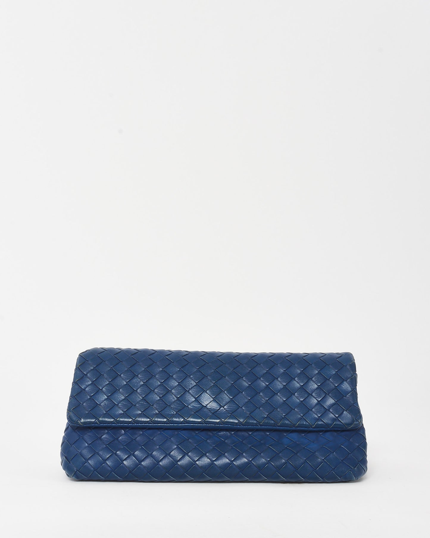 Bottega Veneta Blue woven clutch bag on a white background