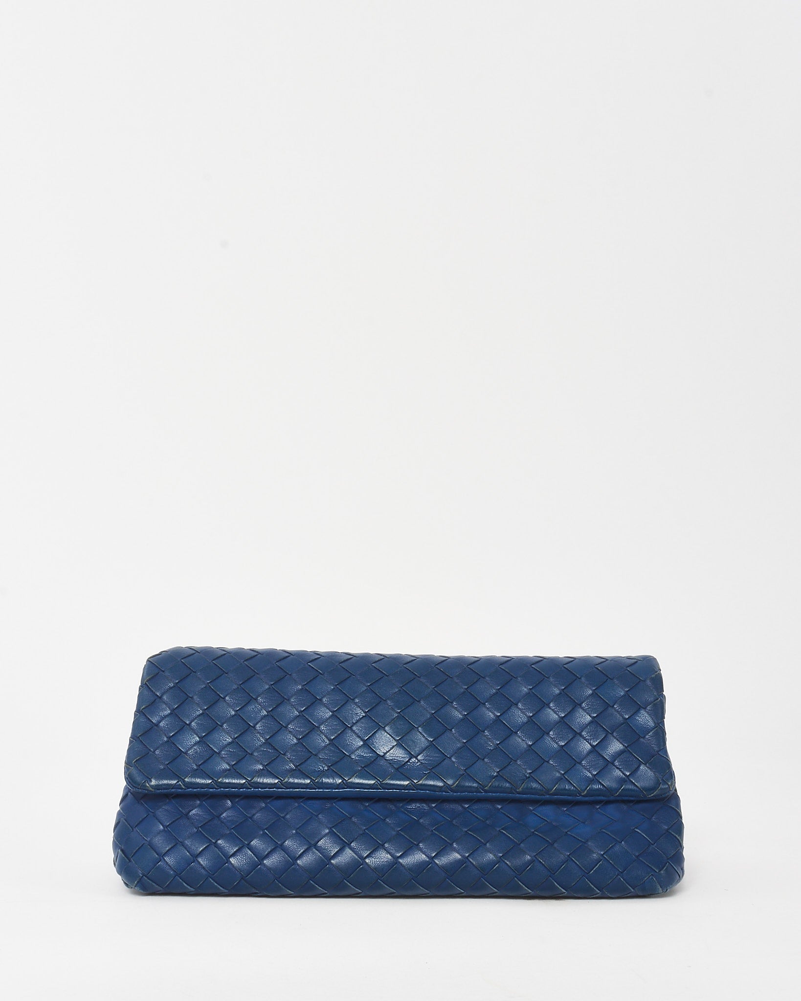 Bottega Veneta Blue woven clutch bag on a white background