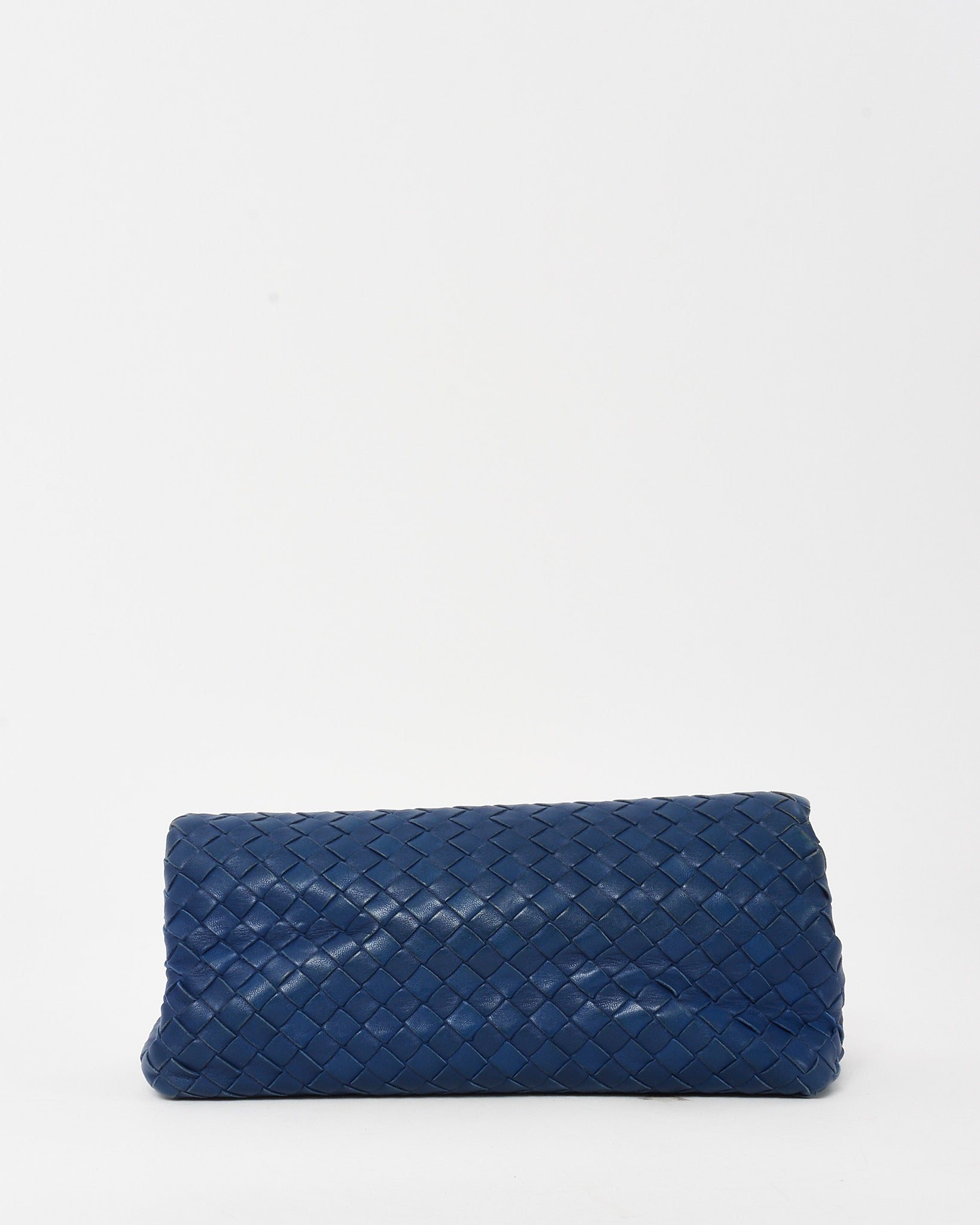 Bottega Veneta Blue woven clutch bag on a white background
