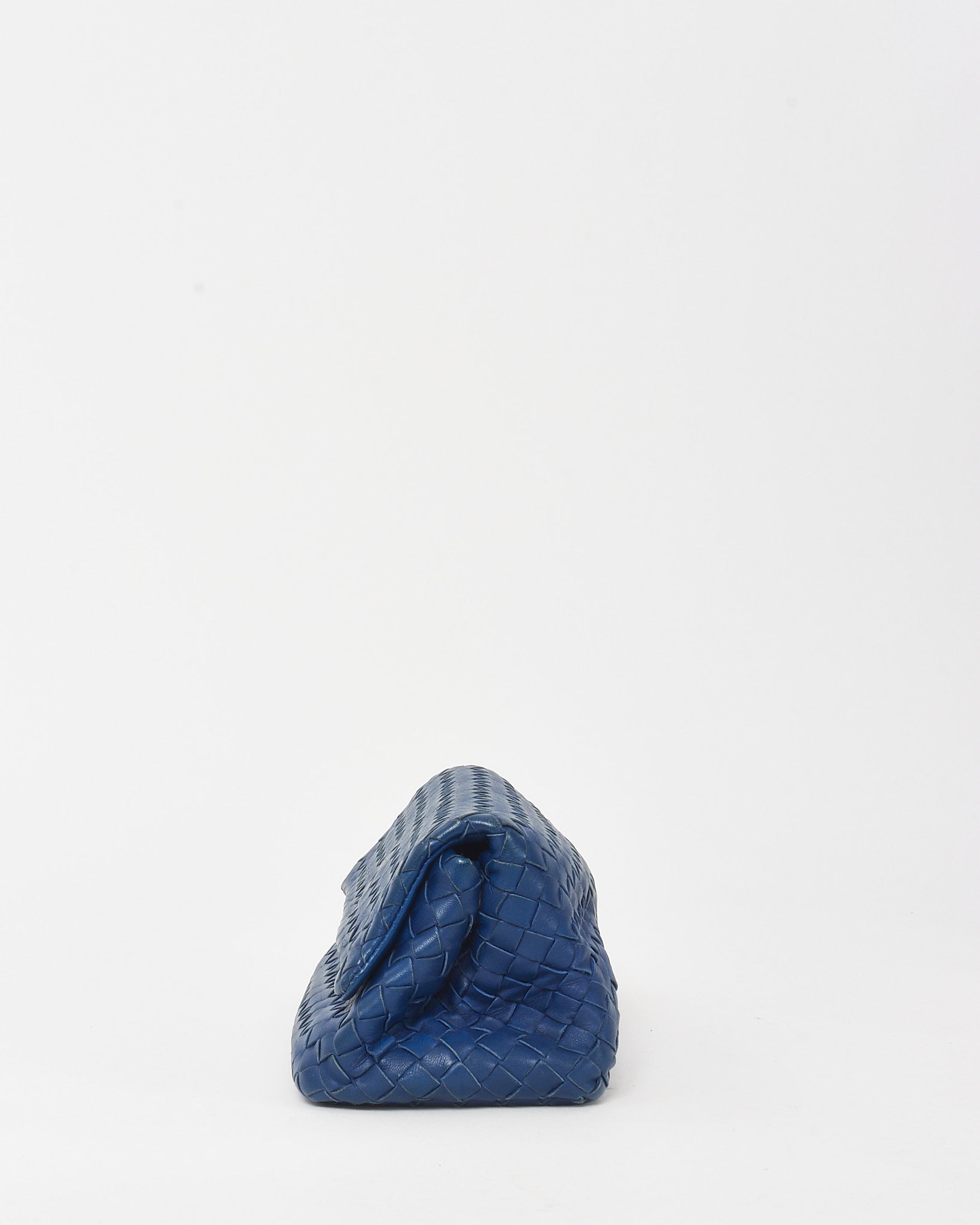 Bottega Veneta Blue woven clutch bag on a white background