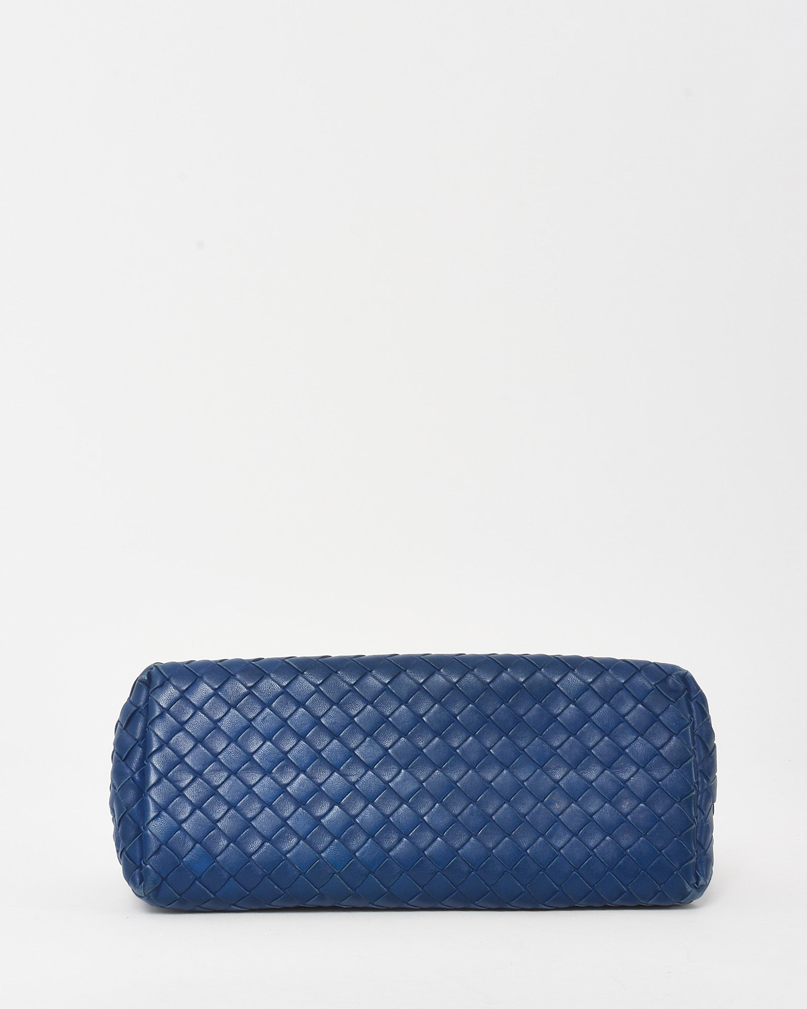 Bottega Veneta Blue woven clutch bag on a white background