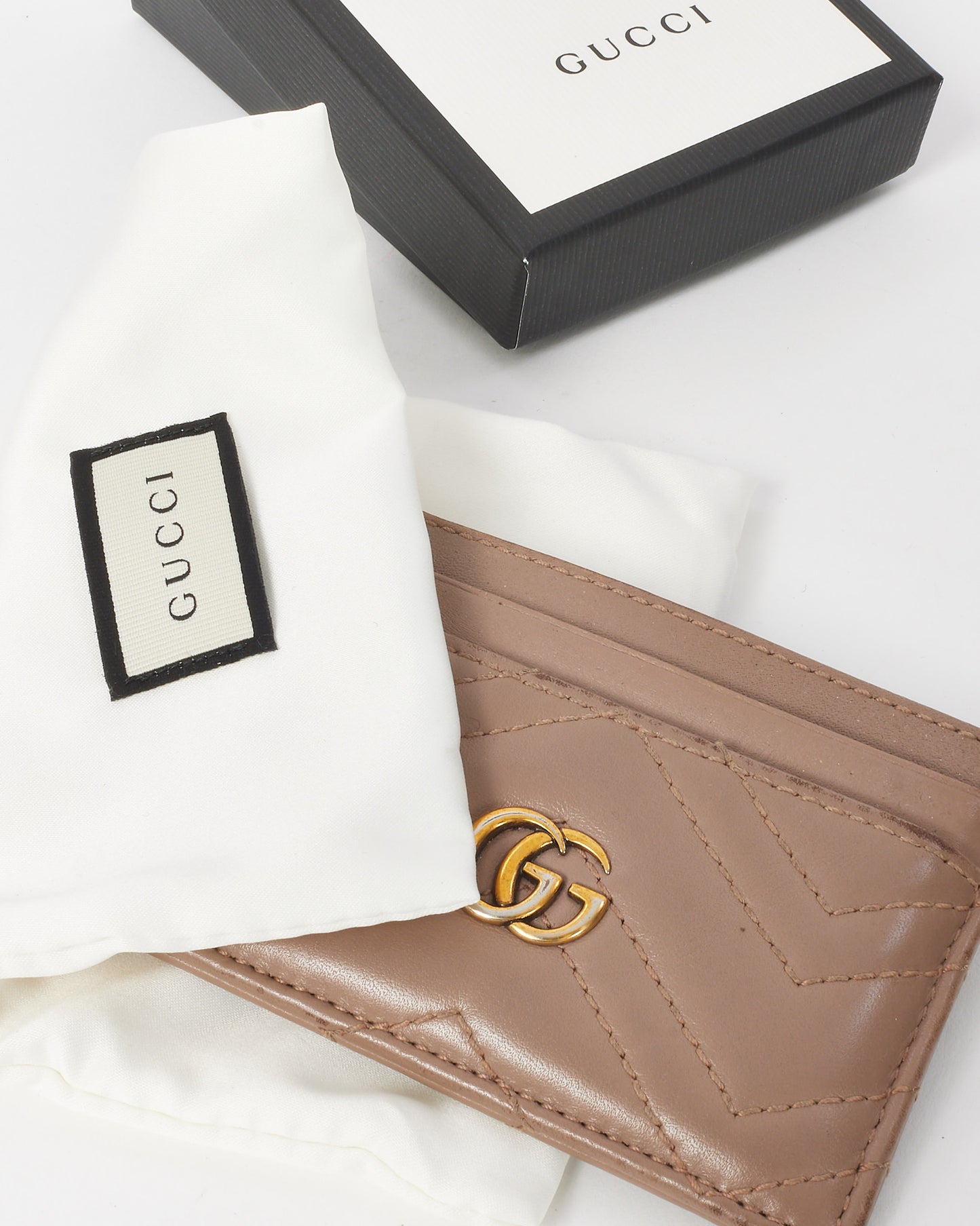 Gucci Beige Chevron Leather GG Marmont Card Case