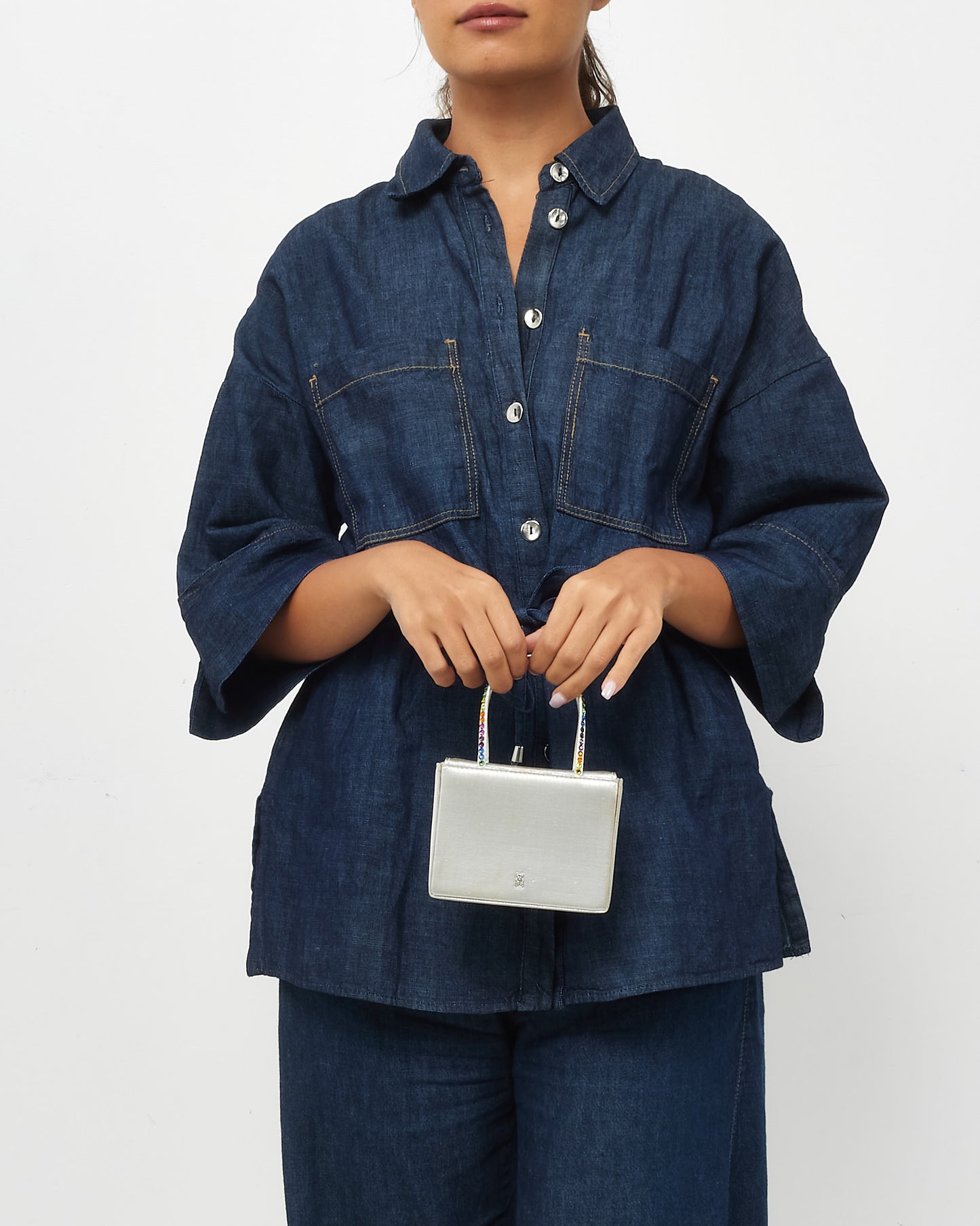 Amina Muaddi Silver Satin Multicolor Crystal Handle Mini Evening Bag