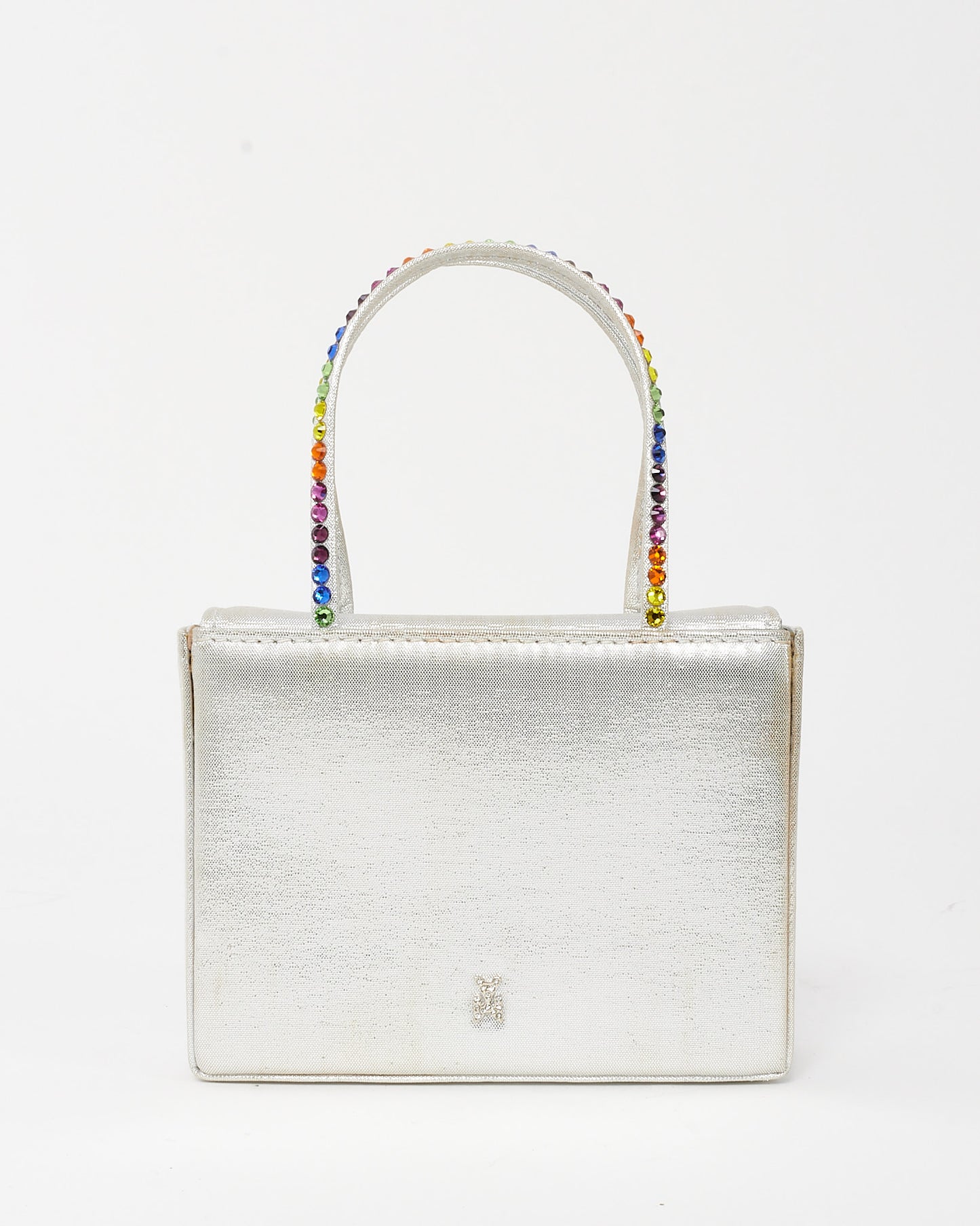 Amina Muaddi Silver Satin Multicolor Crystal Handle Mini Evening Bag