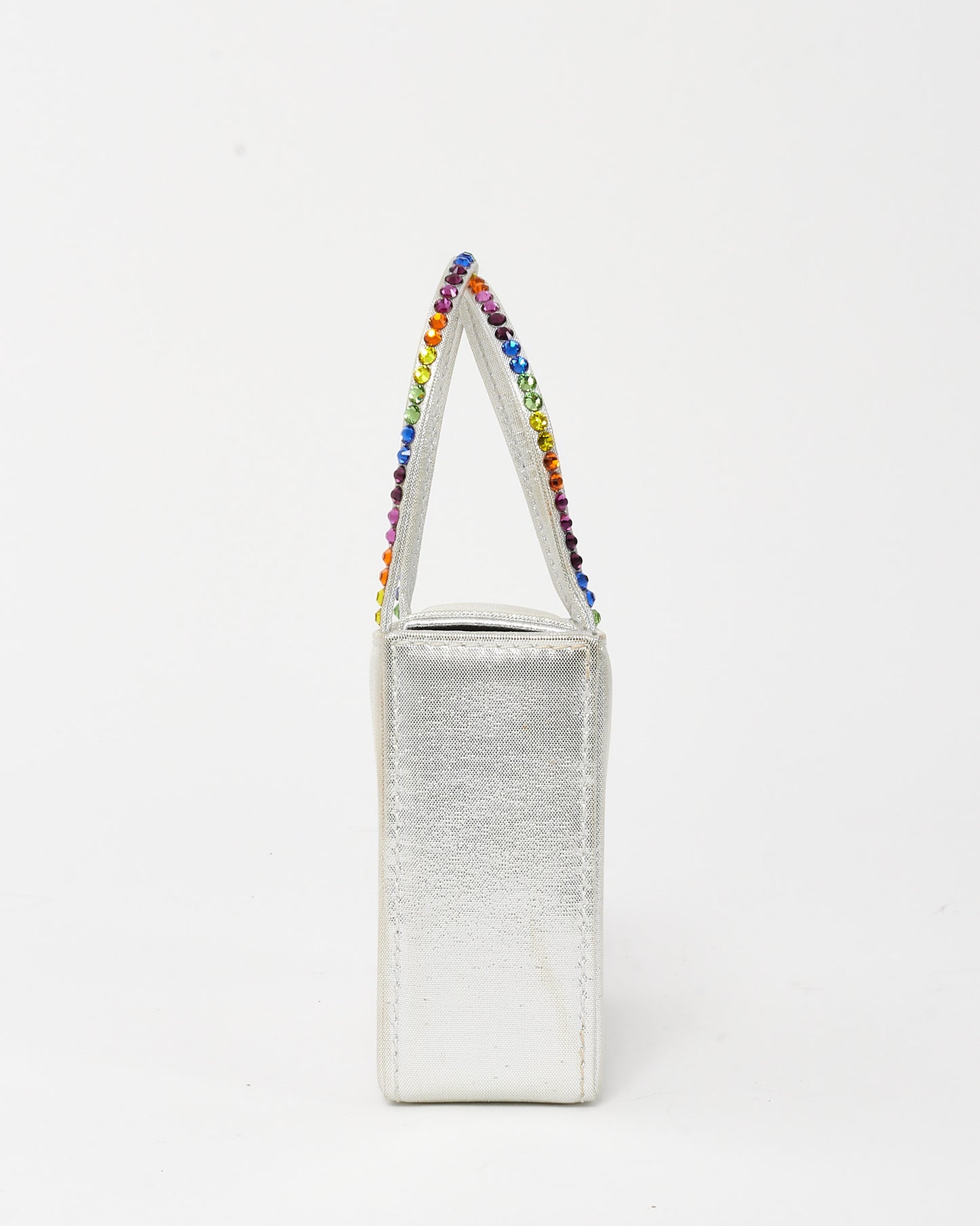 Amina Muaddi Silver Satin Multicolor Crystal Handle Mini Evening Bag