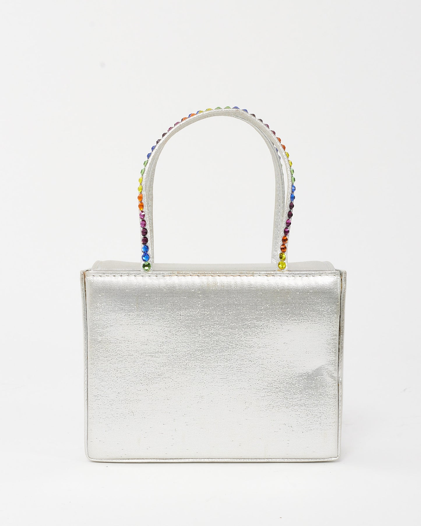 Amina Muaddi Silver Satin Multicolor Crystal Handle Mini Evening Bag