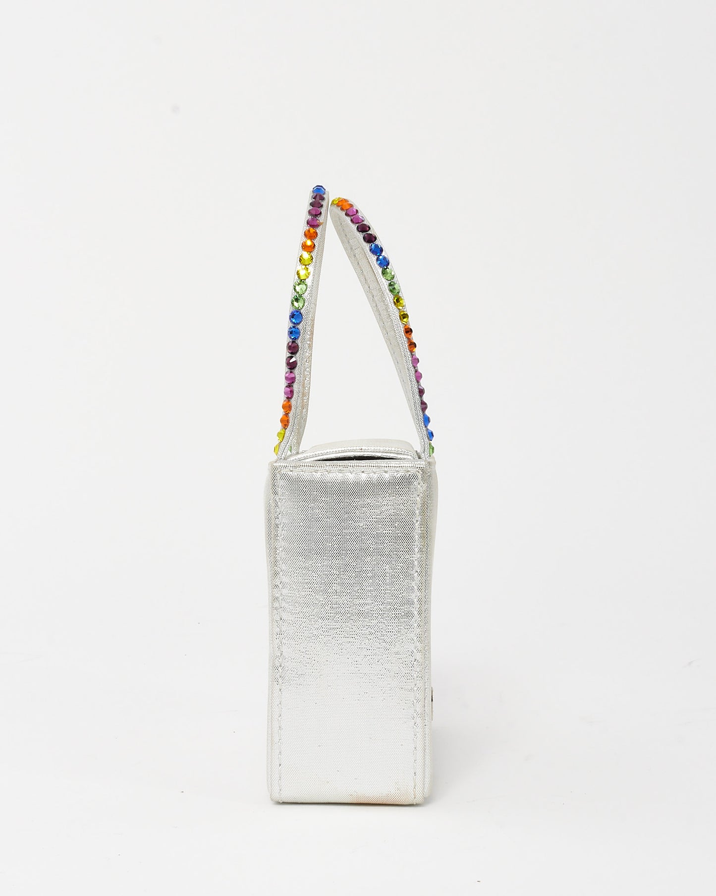 Amina Muaddi Silver Satin Multicolor Crystal Handle Mini Evening Bag