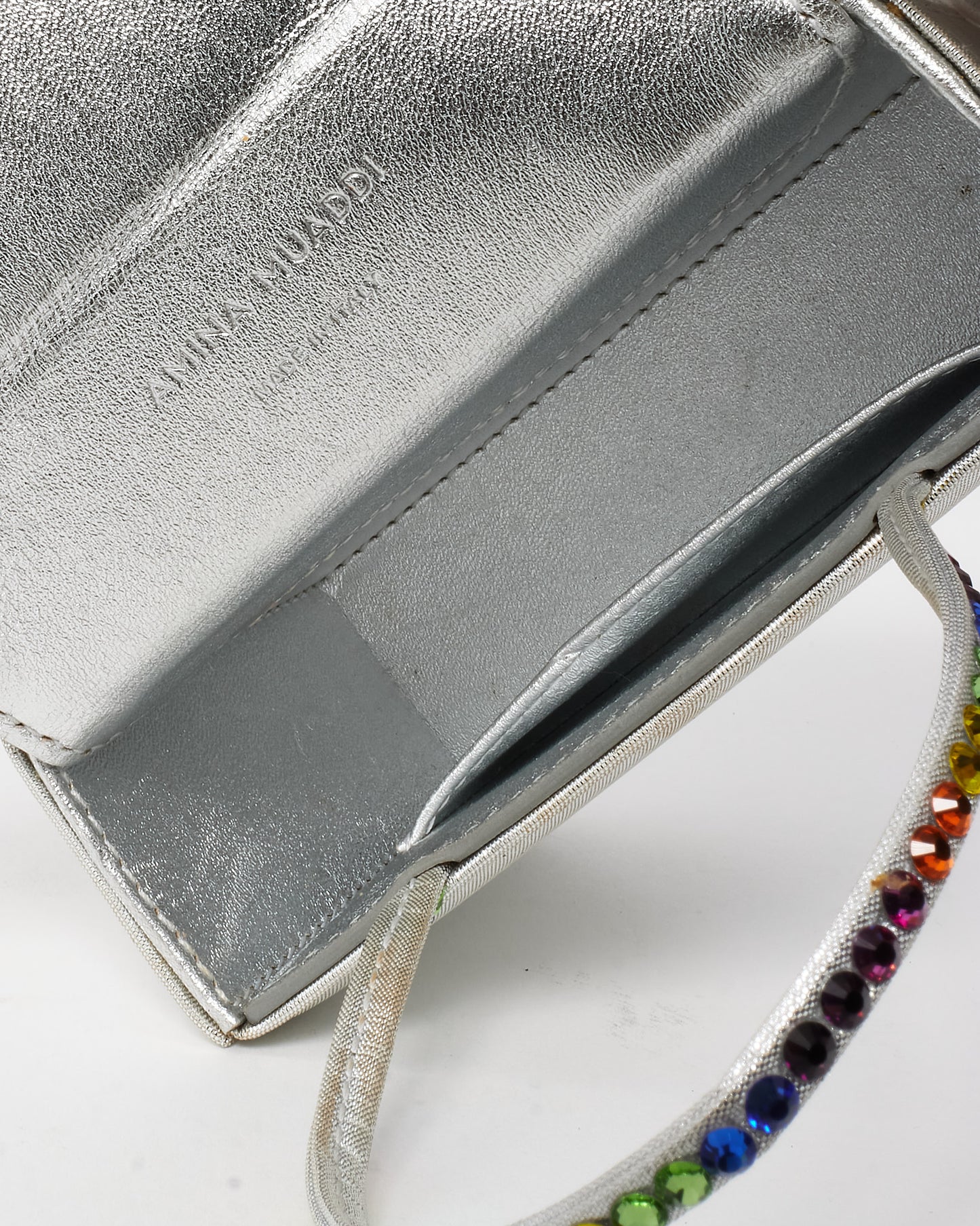 Amina Muaddi Silver Satin Multicolor Crystal Handle Mini Evening Bag
