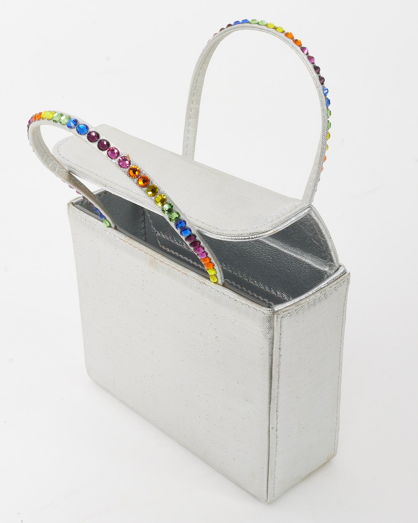 Amina Muaddi Silver Satin Multicolor Crystal Handle Mini Evening Bag