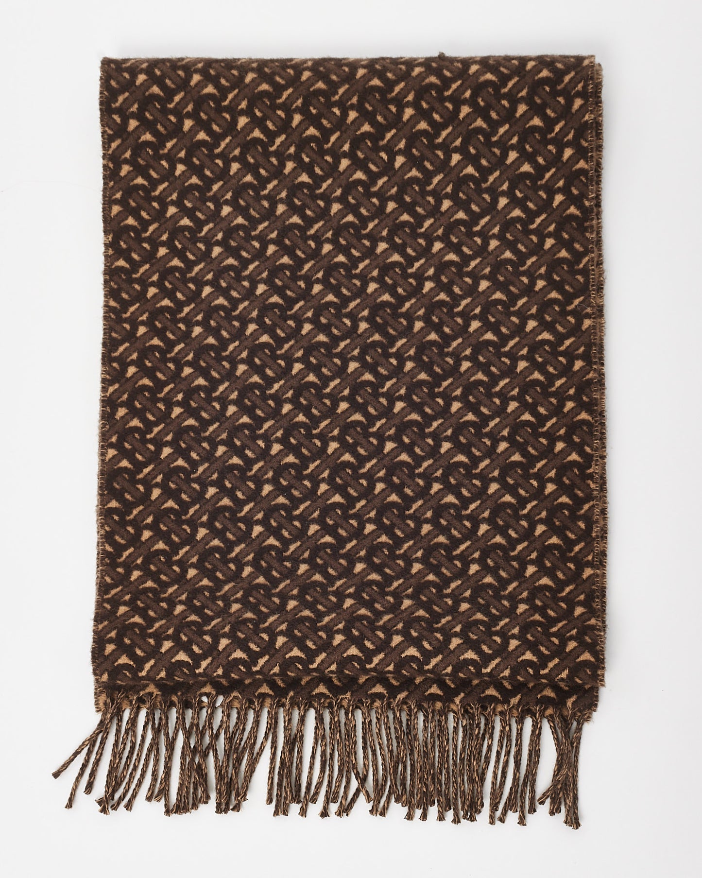 Burberry Brown and Beige TB Monogram Cashmere Fringe Scarf