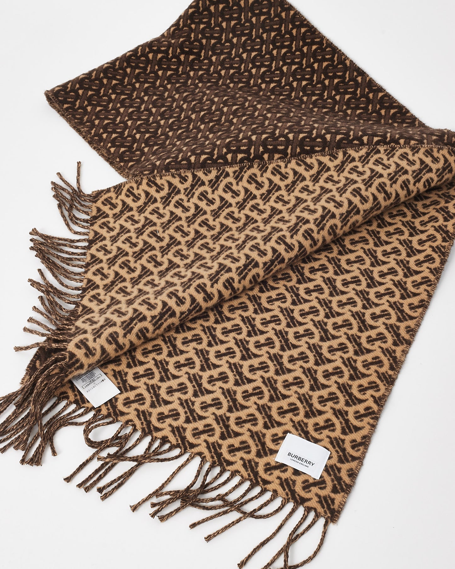 Burberry Brown and Beige TB Monogram Cashmere Fringe Scarf
