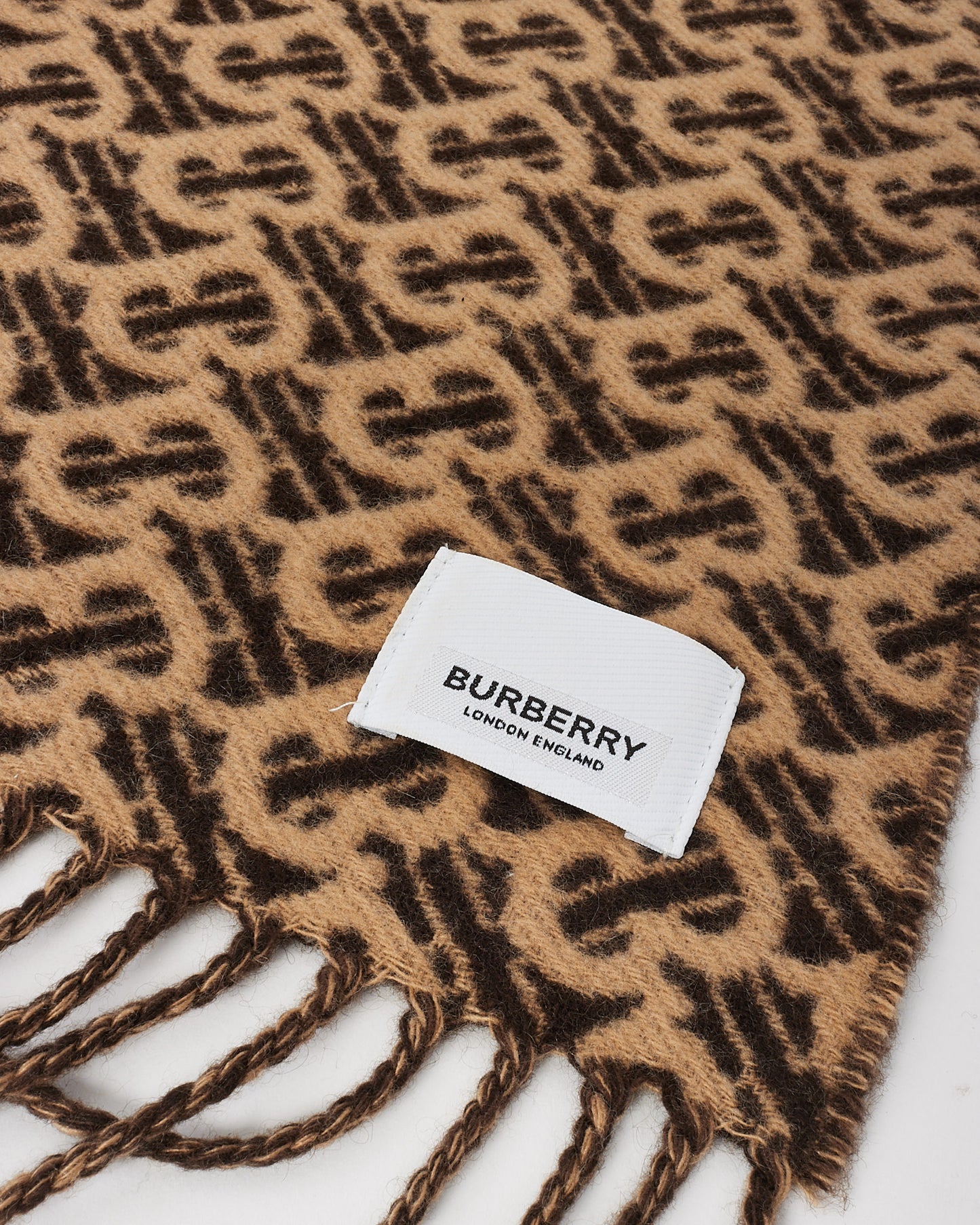 Burberry Brown and Beige TB Monogram Cashmere Fringe Scarf