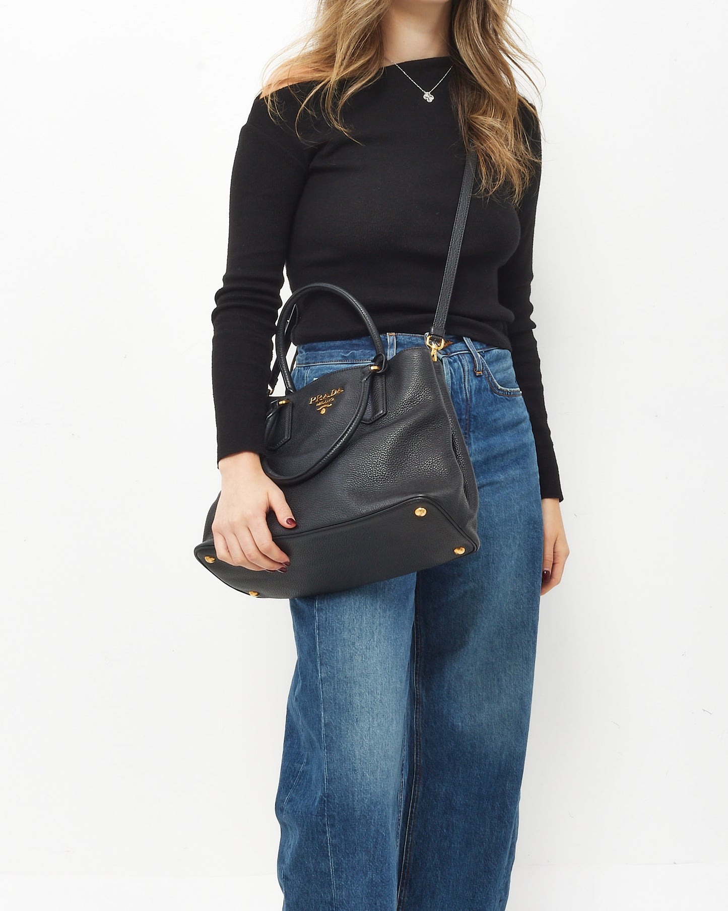 Prada Black Vitello Leather Phenix Double 2Way Tote with Strap