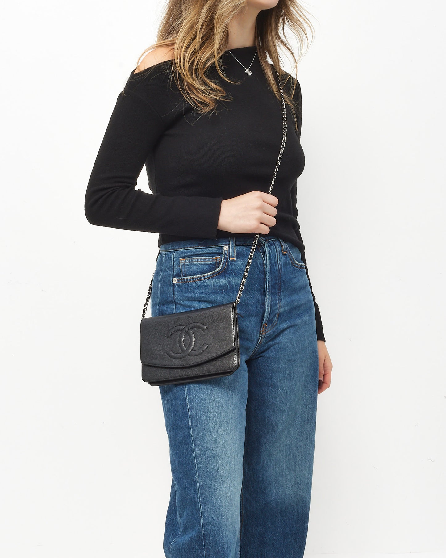 Chanel Black Caviar Leather Timeless CC WOC Wallet on Chain Bag SHW