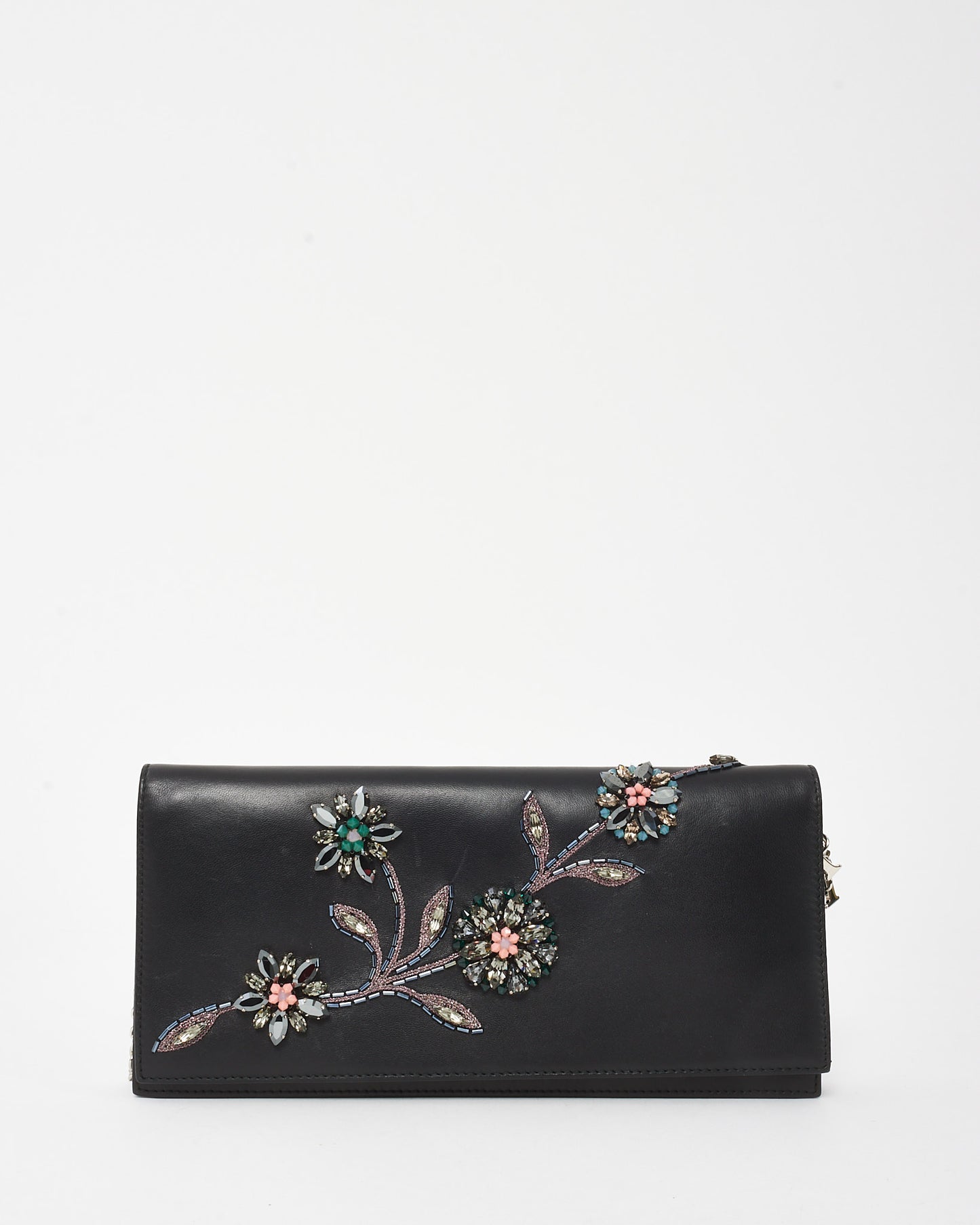 Dior Black Leather Crystal Embellished Flower Flap Chain Clutch