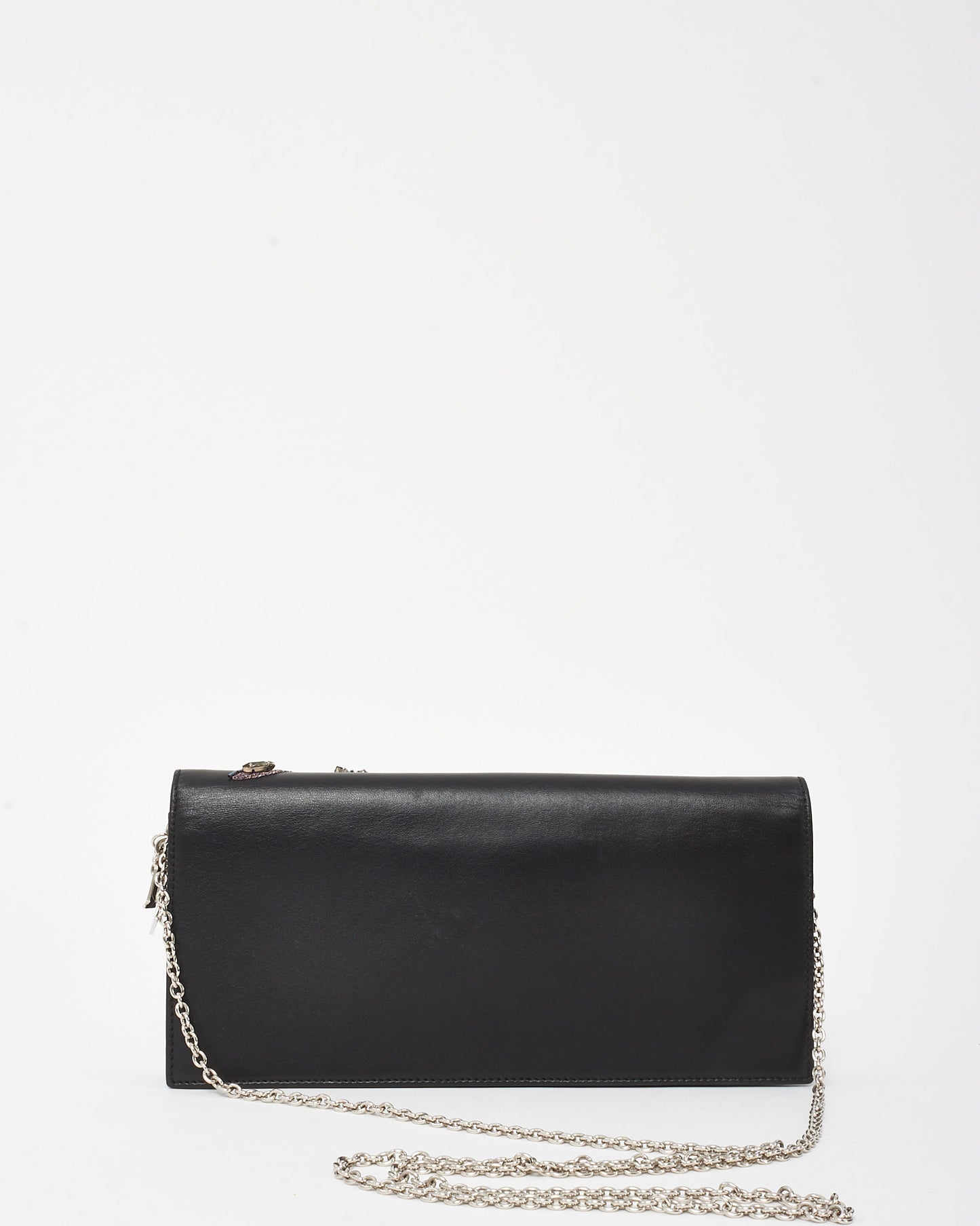 Dior Black Leather Crystal Embellished Flower Flap Chain Clutch