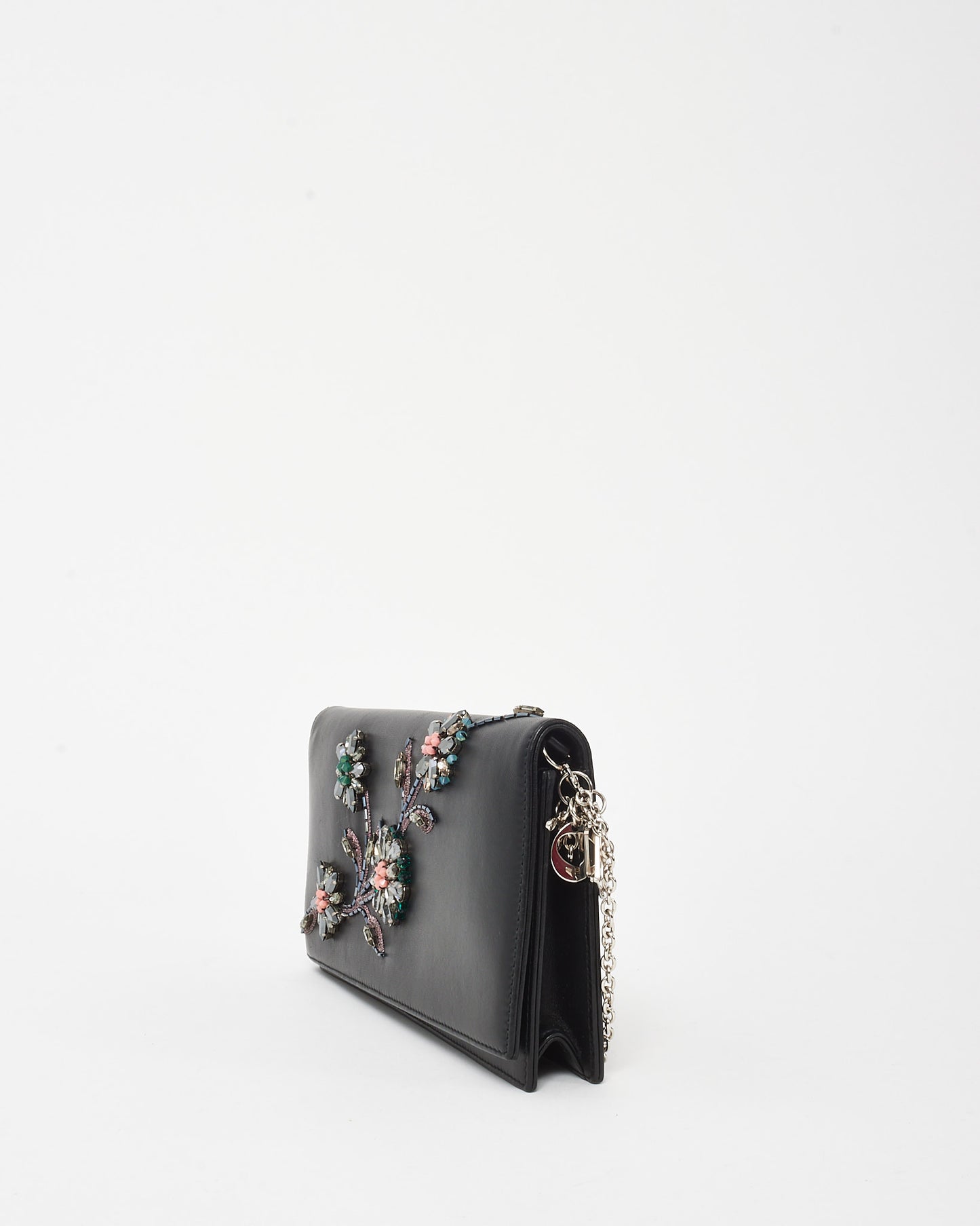 Dior Black Leather Crystal Embellished Flower Flap Chain Clutch