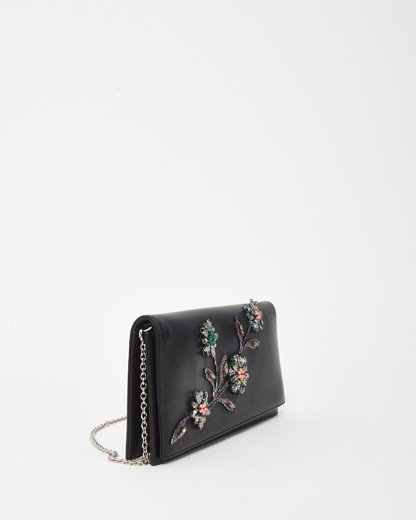 Dior Black Leather Crystal Embellished Flower Flap Chain Clutch