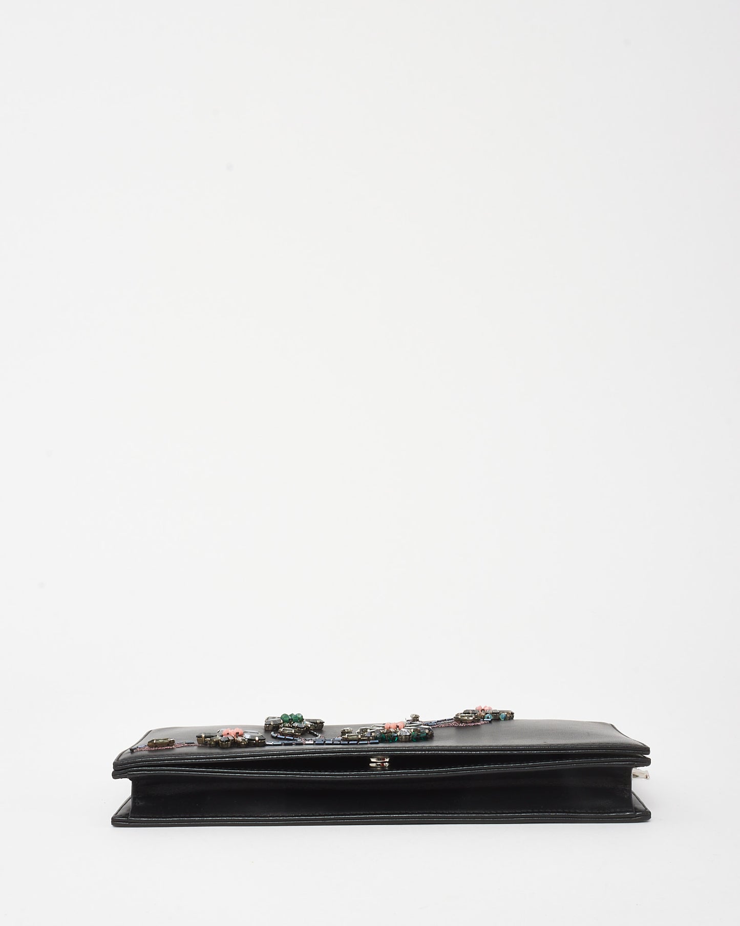 Dior Black Leather Crystal Embellished Flower Flap Chain Clutch