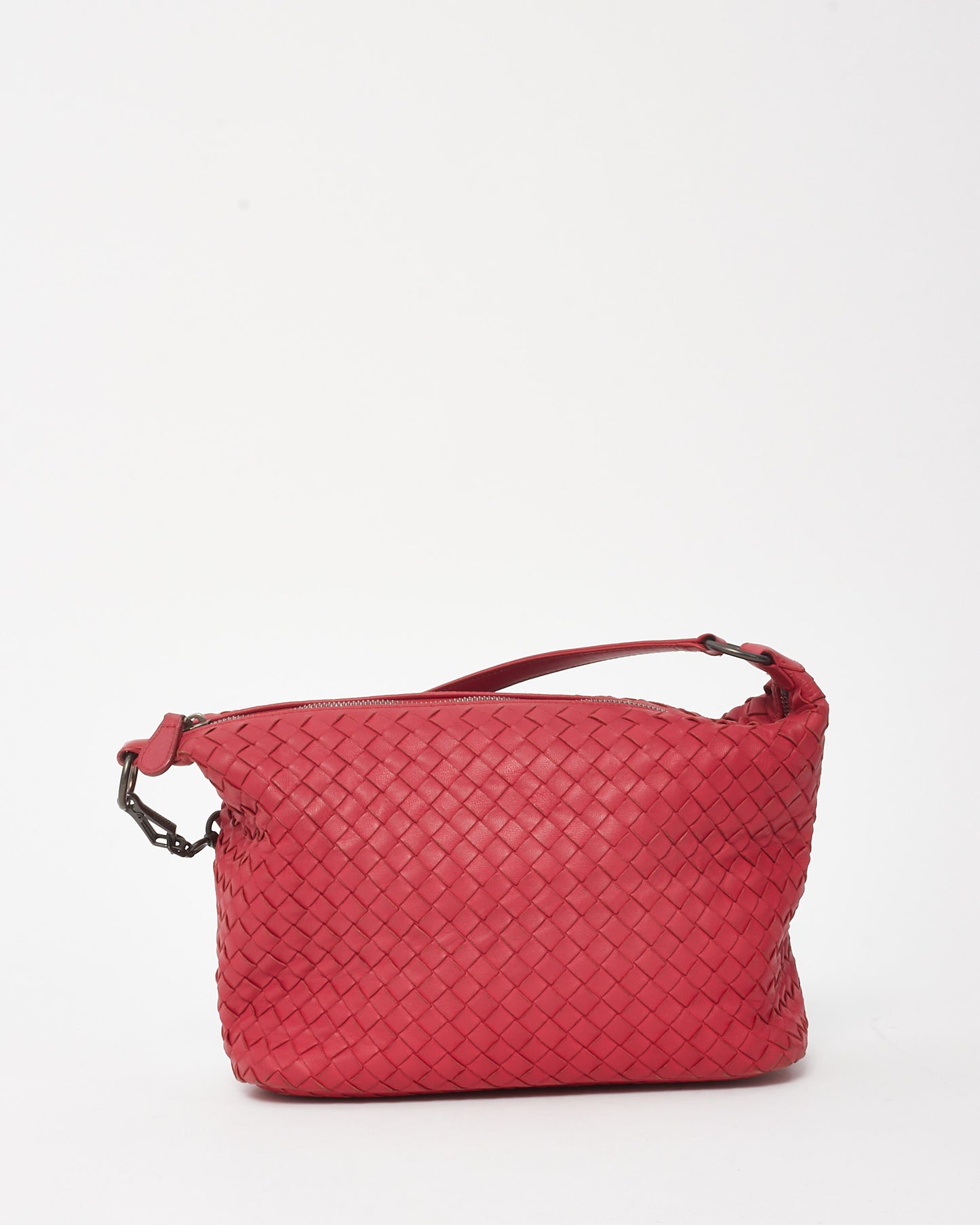 Bottega Veneta Fuchsia Red Intrecciato Leather Small Zip Hobo Shoulder Bag