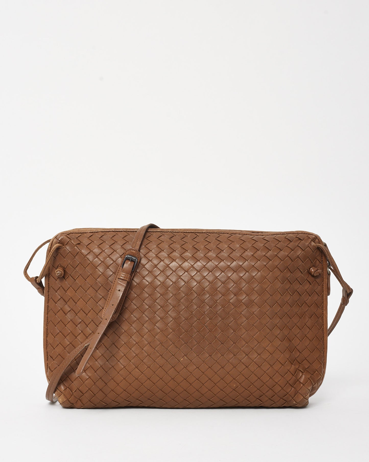 Bottega Veneta Camel Brown Intrecciato Woven Leather Nodini Crossbody Bag