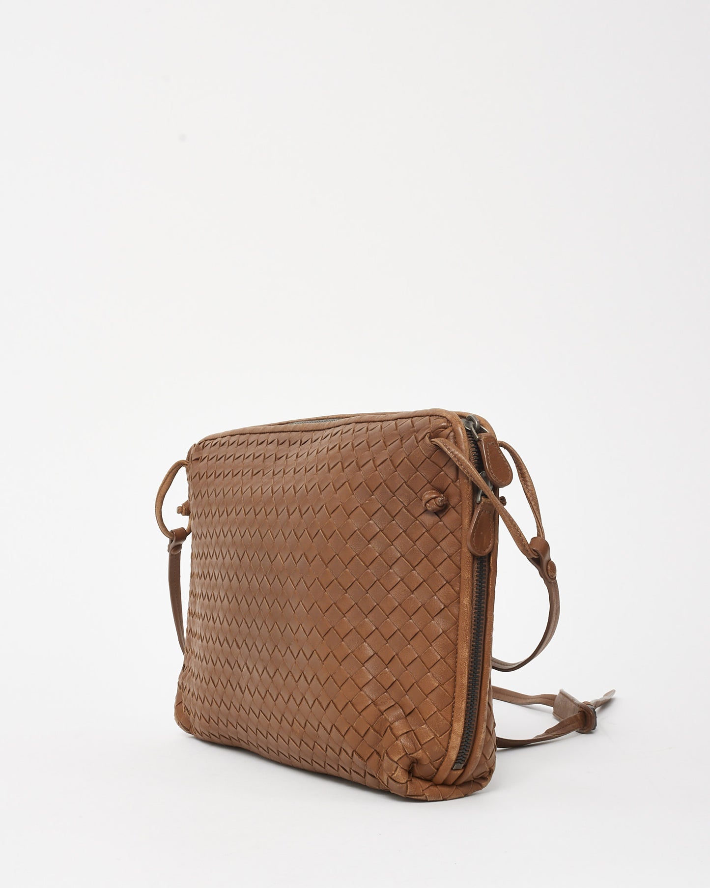 Bottega Veneta Camel Brown Intrecciato Woven Leather Nodini Crossbody Bag