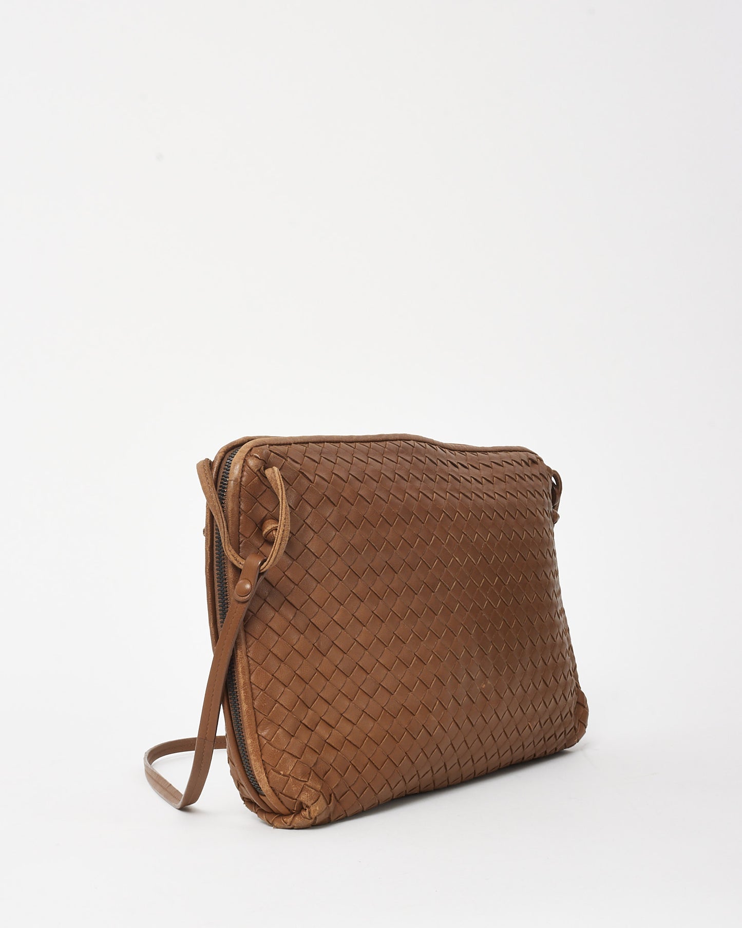 Bottega Veneta Camel Brown Intrecciato Woven Leather Nodini Crossbody Bag