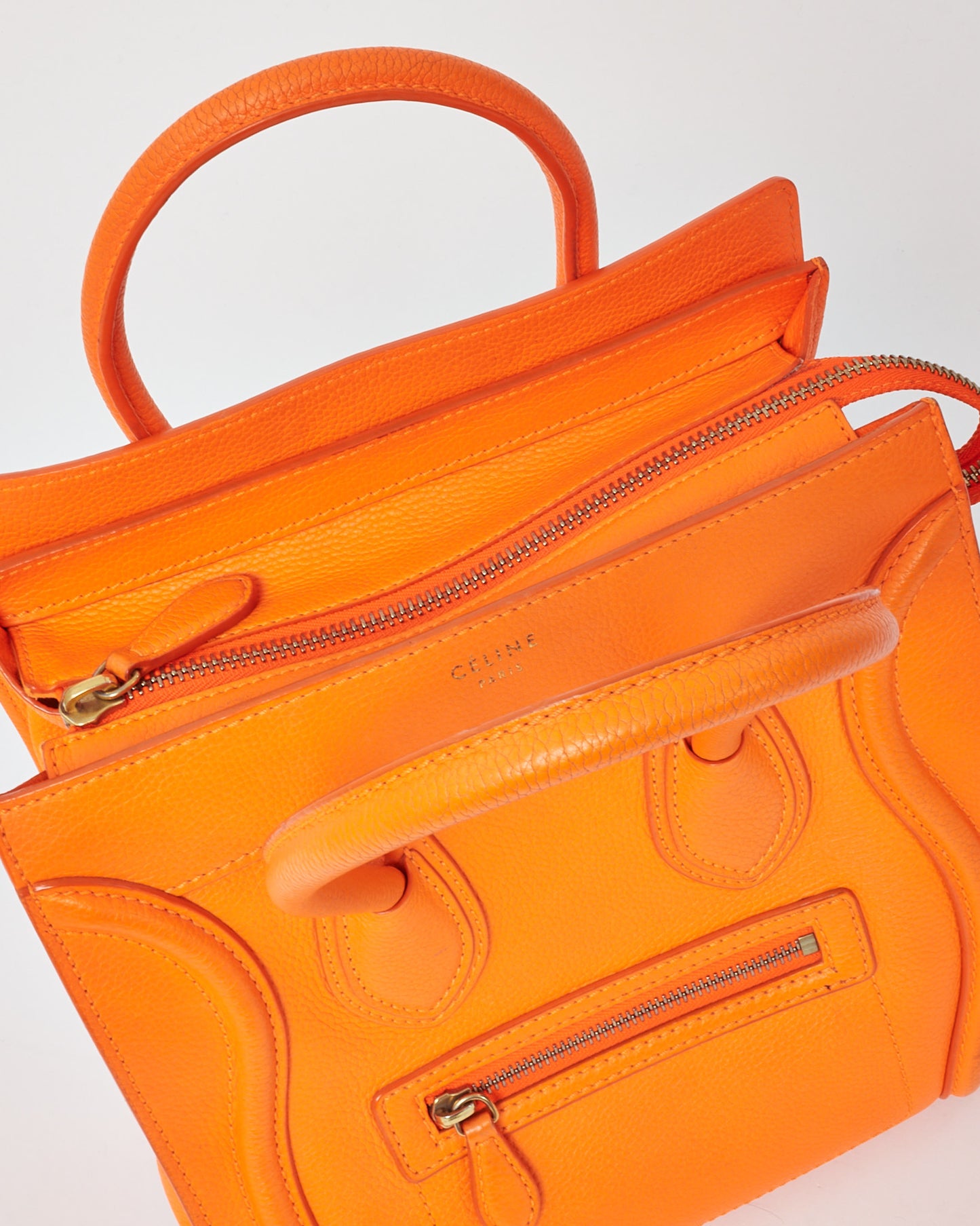 Celine Orange Grained Leather Mini Luggage Tote Bag
