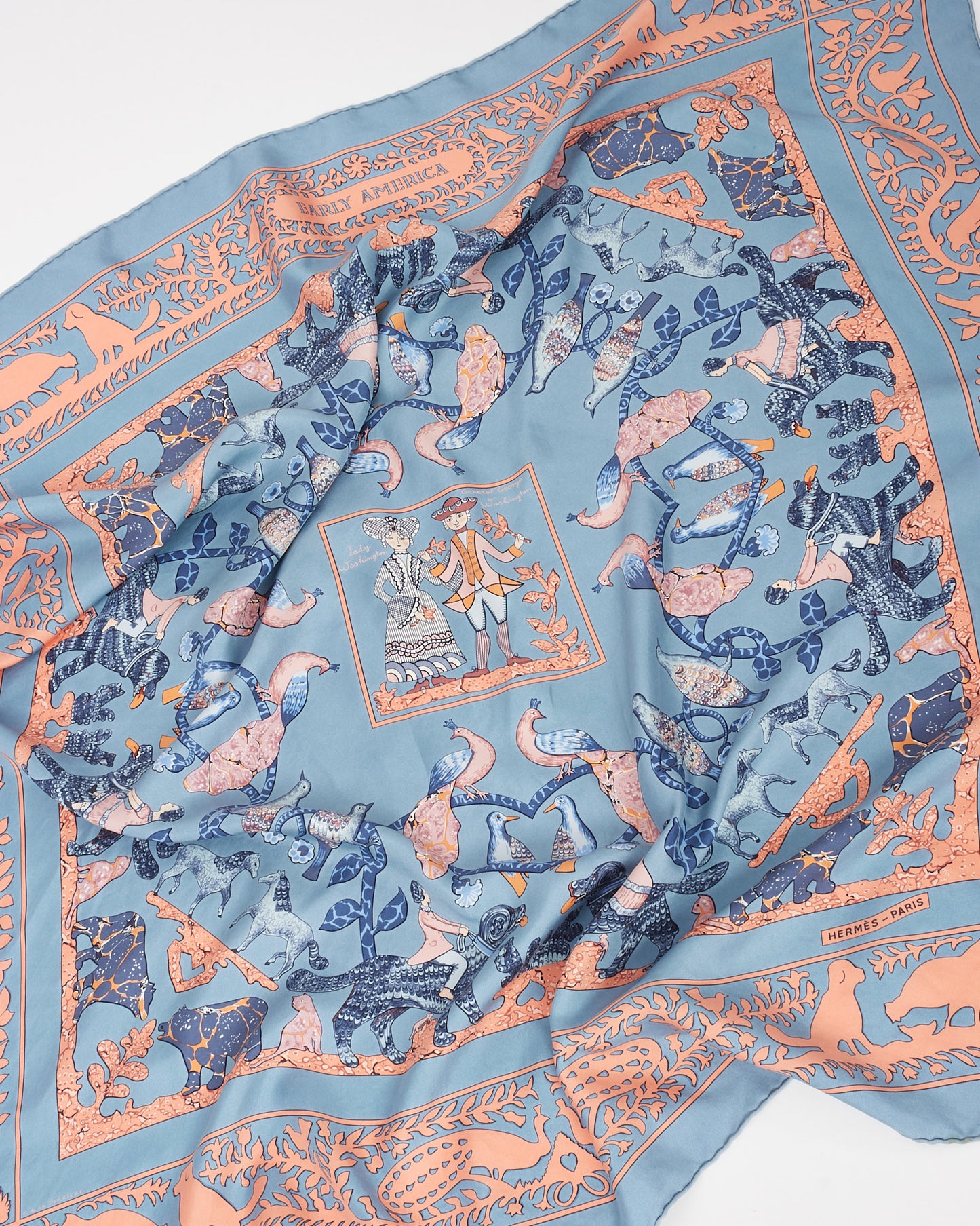 Hermès Blue/Orange/Multi Lady Washington Early America Silk Scarf