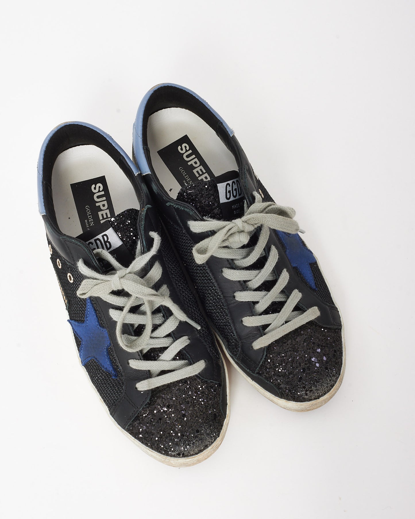 Golden Goose Baskets Superstar basses en cuir noir/bleu et paillettes - 38