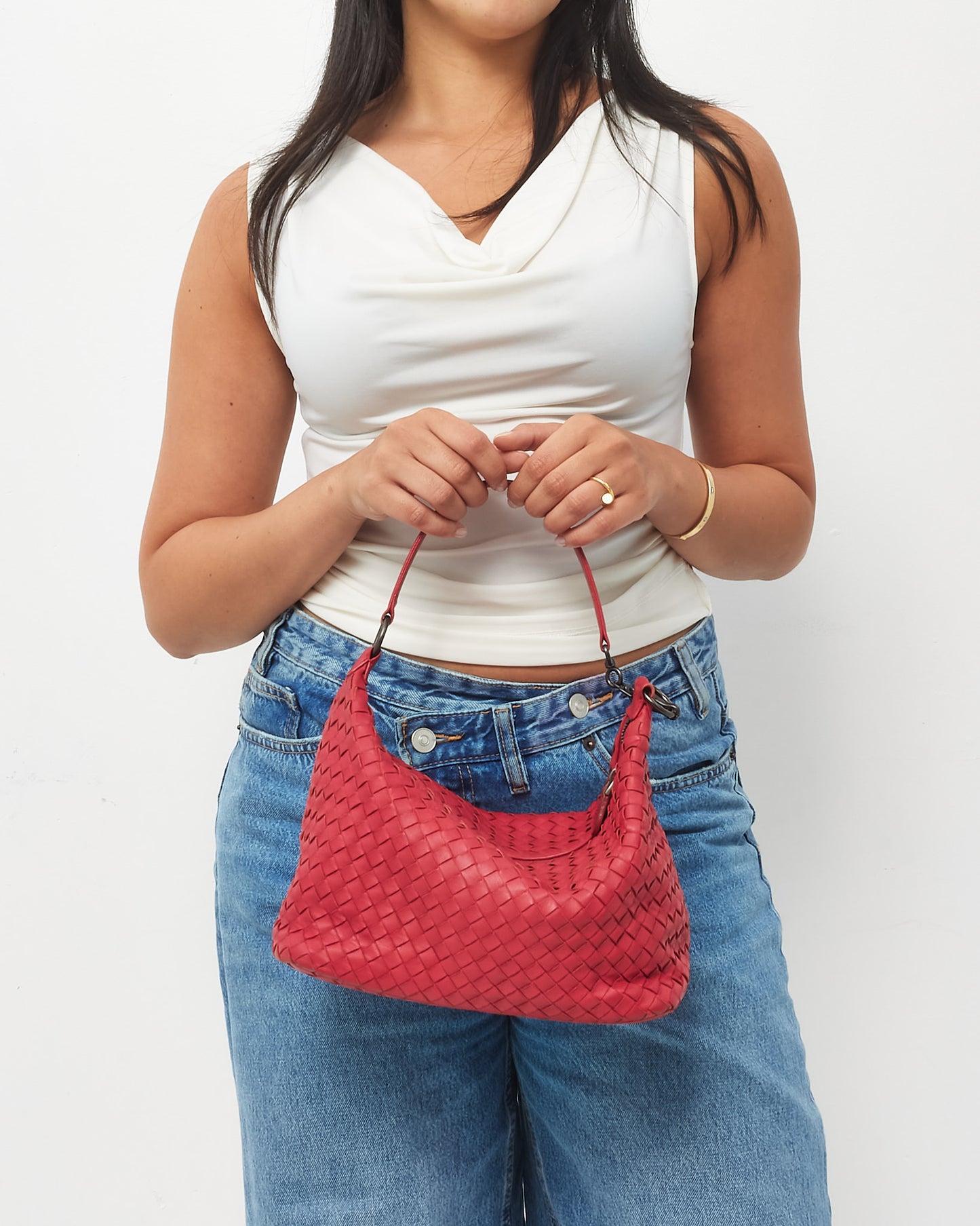 Bottega Veneta Fuchsia Red Intrecciato Leather Small Zip Hobo Shoulder Bag