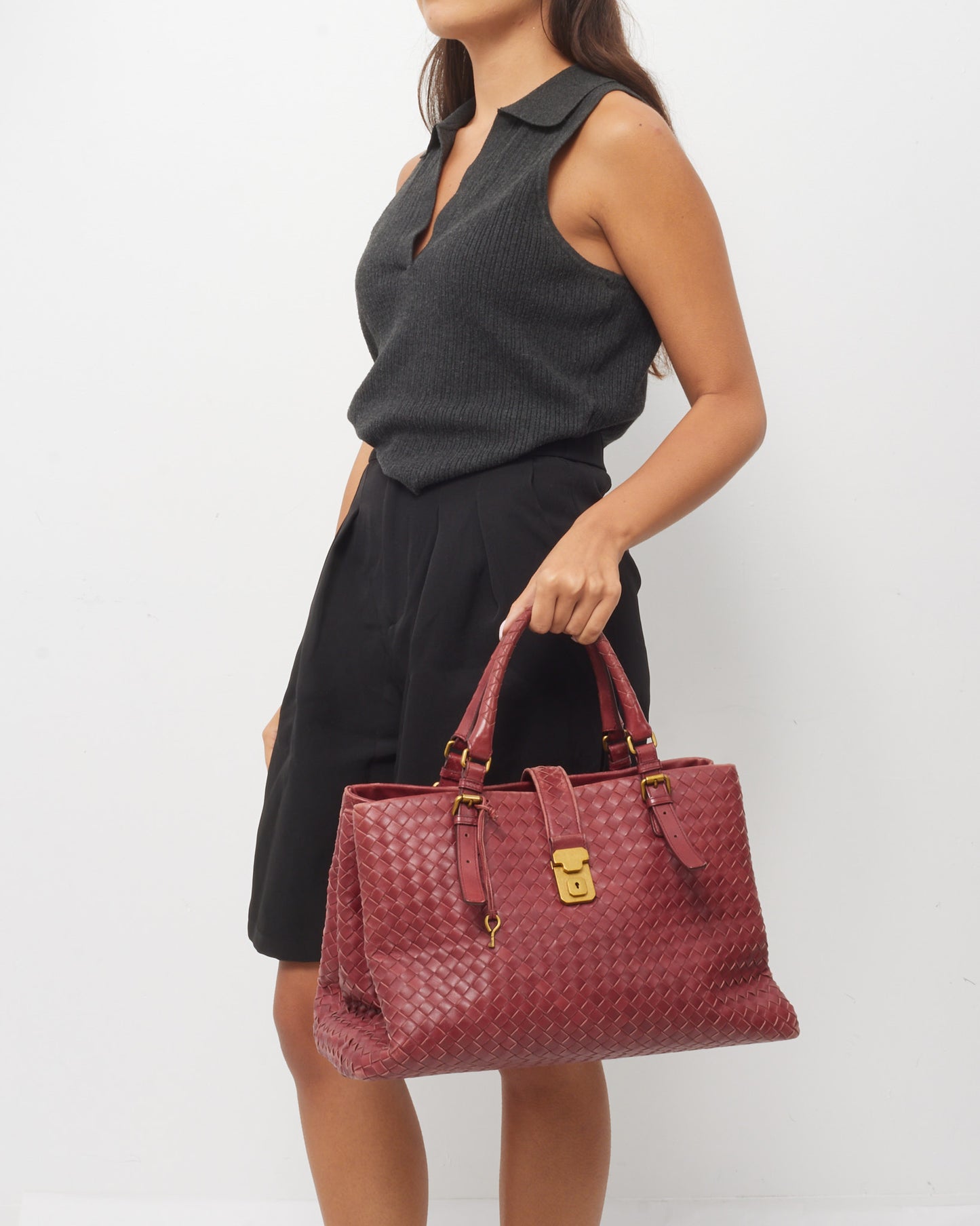Bottega Veneta Burgundy Red Intrecciato Leather Medium Roma Tote Bag