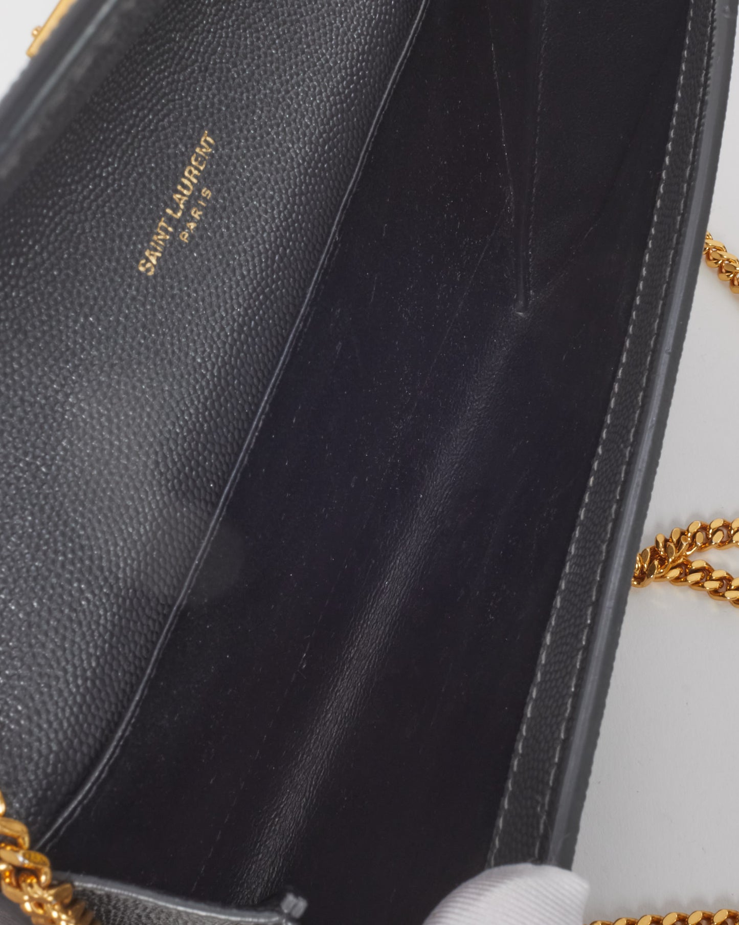 Saint Laurent Dark Grey Grain de Poudre Leather YSL Uptown WOC Chain Wallet Crossbody