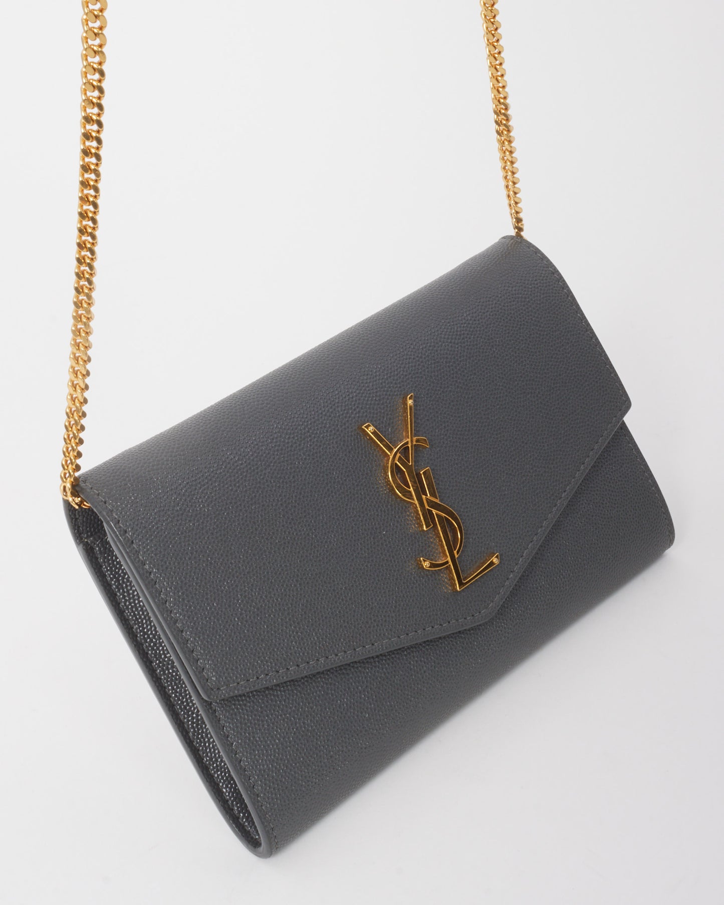 Saint Laurent Dark Grey Grain de Poudre Leather YSL Uptown WOC Chain Wallet Crossbody