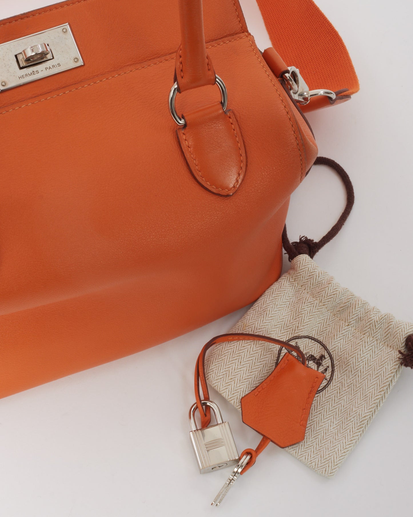 Hermès Orange Clemence Leather Toolbox 20 Handbag with Strap PHW