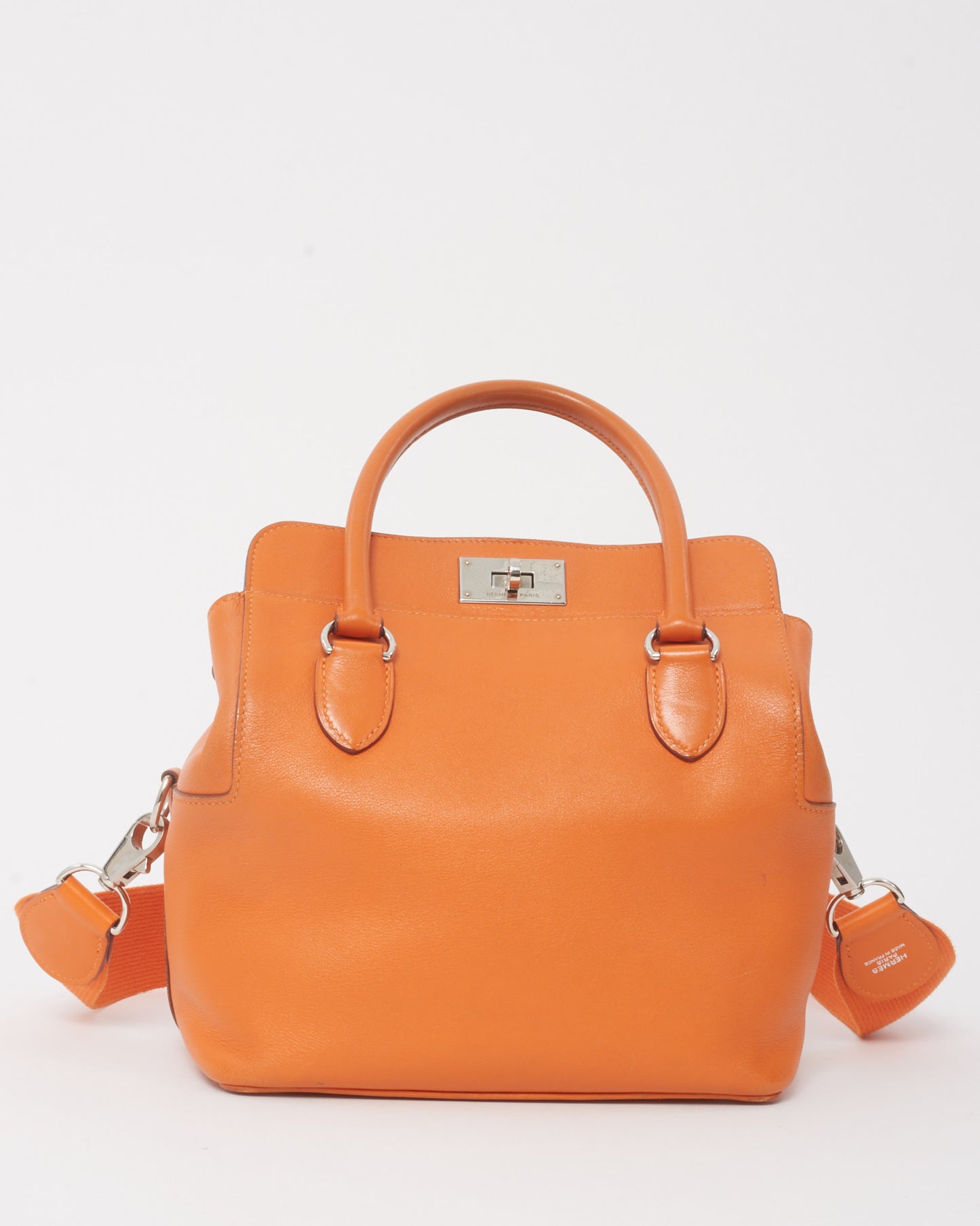 Hermès Orange Clemence Leather Toolbox 20 Handbag with Strap PHW