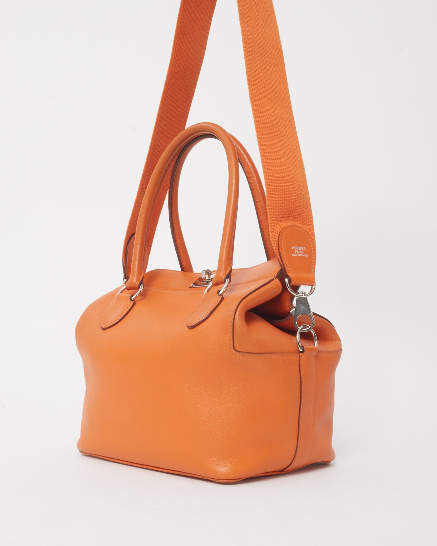 Hermès Orange Clemence Leather Toolbox 20 Handbag with Strap PHW
