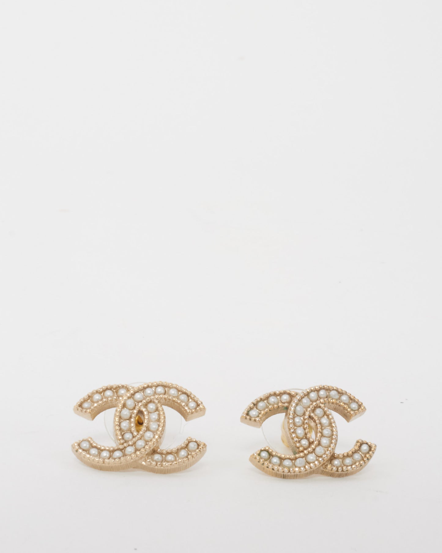 Chanel Gold Brushed & Pearl CC Logo Large Stud Earrings