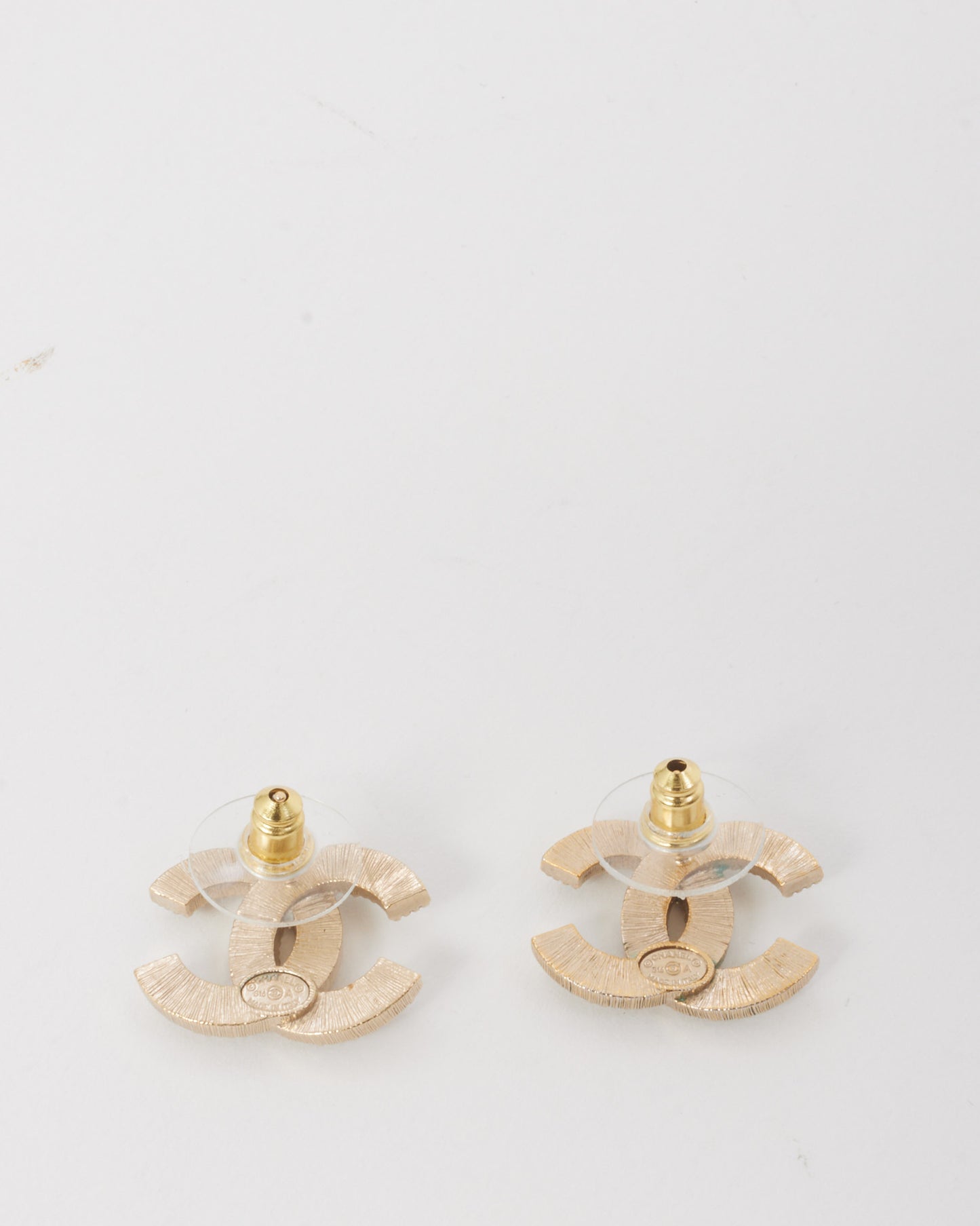 Chanel Gold Brushed & Pearl CC Logo Large Stud Earrings