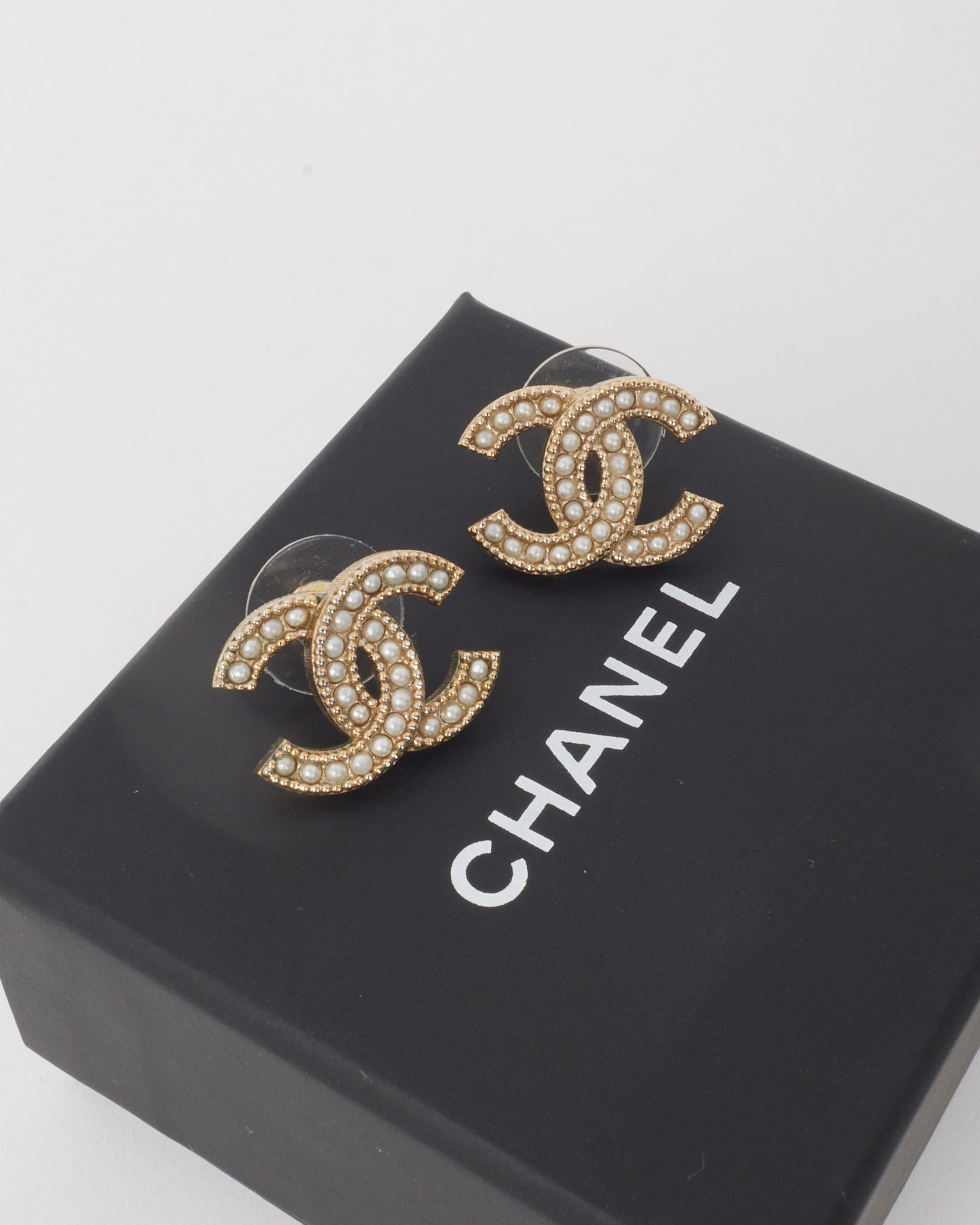 Chanel Gold Brushed & Pearl CC Logo Large Stud Earrings