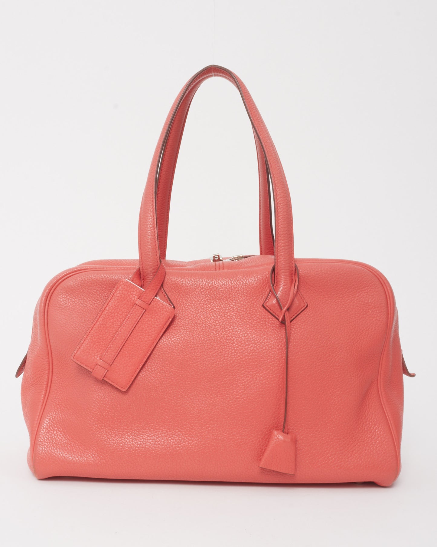 Hermès Coral Red (Rouge Pivoine) Clemence Leather Victoria 35 Bag PHW